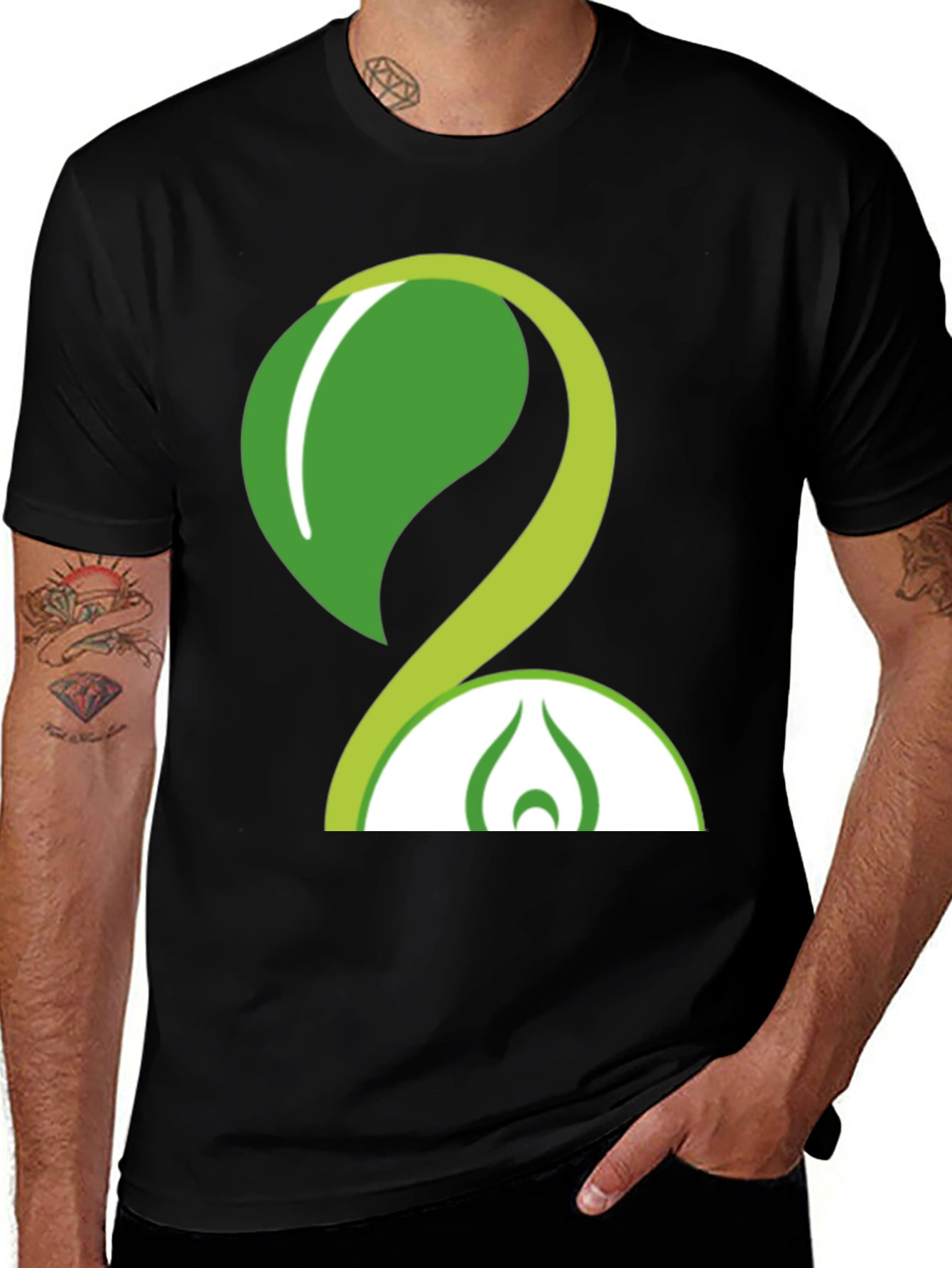 Eco-Friendly Green Leaf Design Black T-Shirt