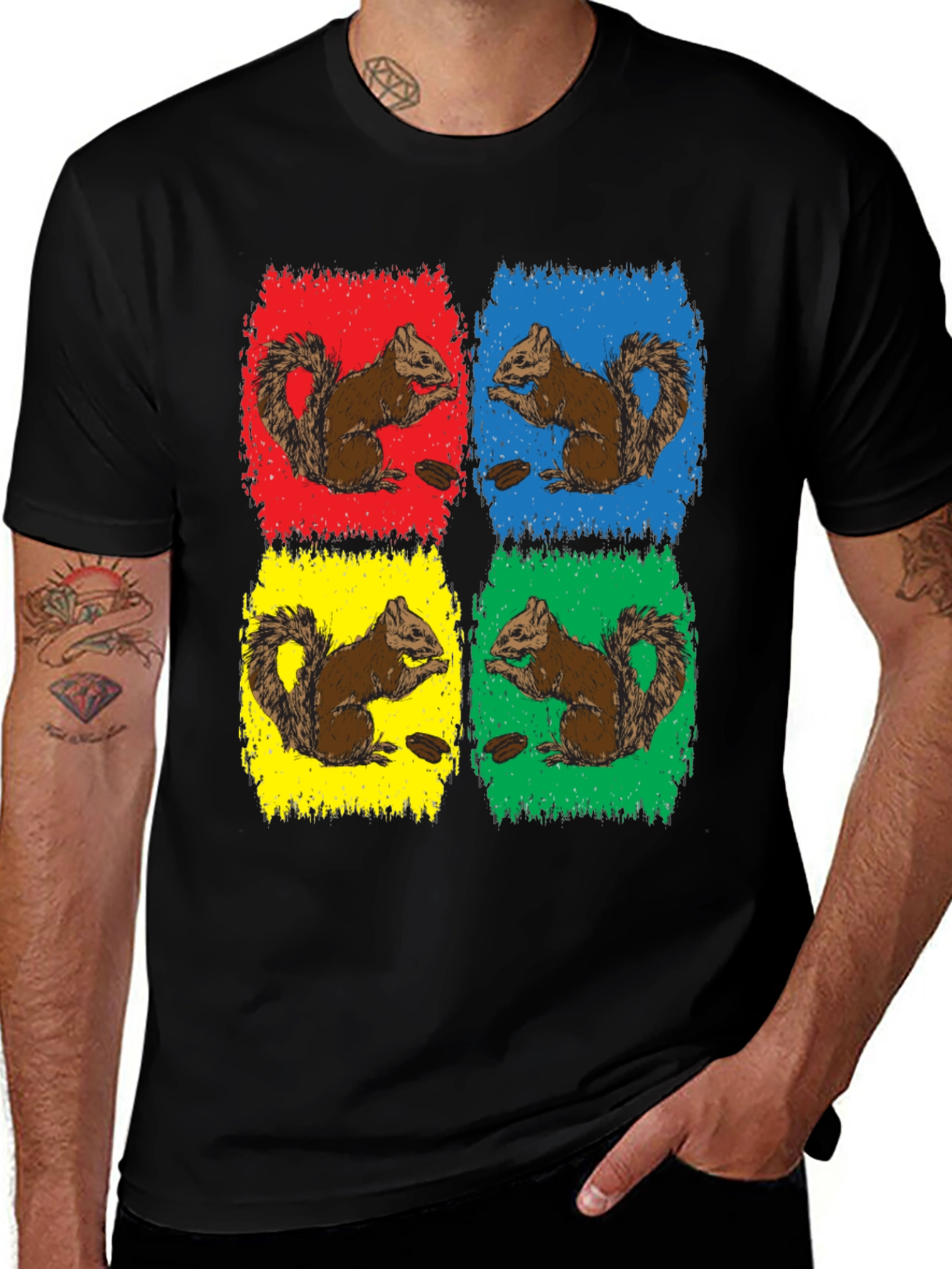Variant 22 of Squirrel Pop Art Graphic Tee - Black Cotton T-Shirt