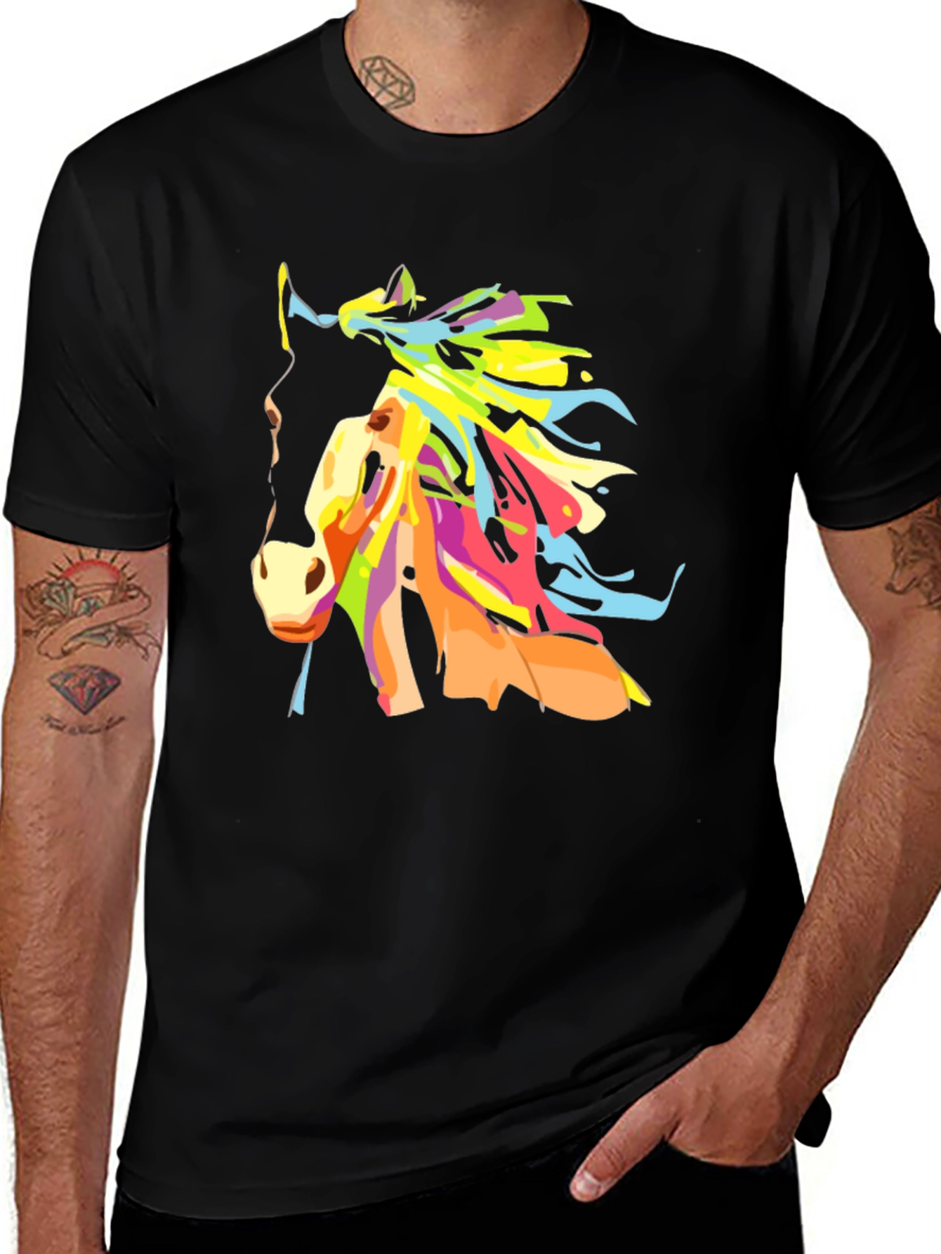 Variant 16 of Colorful Horse Graphic Tee - Stylish Black T-Shirt