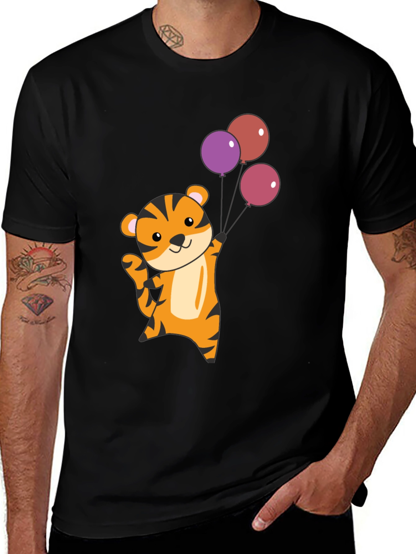 Variant 8 of Cute Tiger with Balloons Graphic Tee - Black