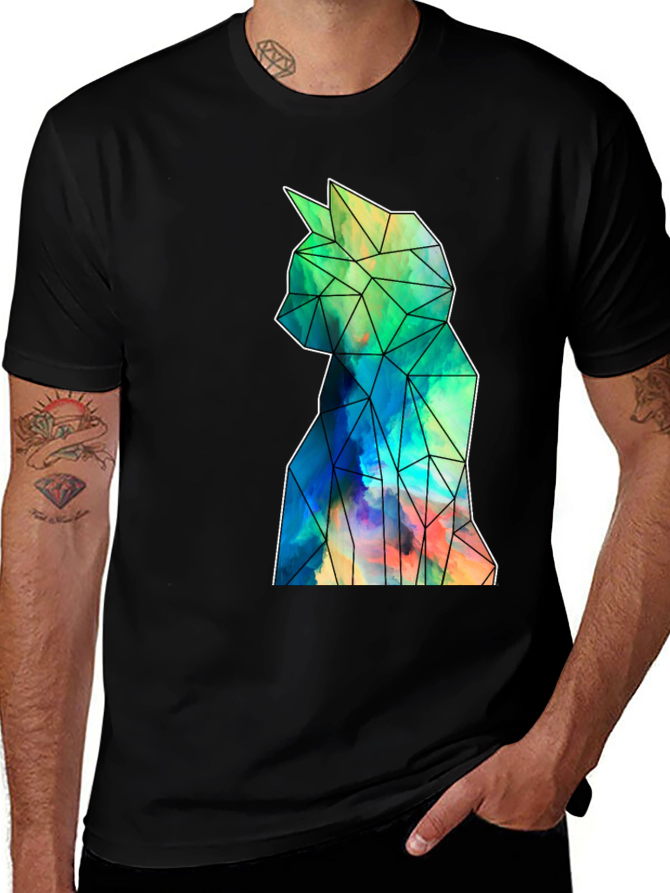 Variant 13 of Geometric Cat Art Black T-Shirt - Stylish Men's Tee