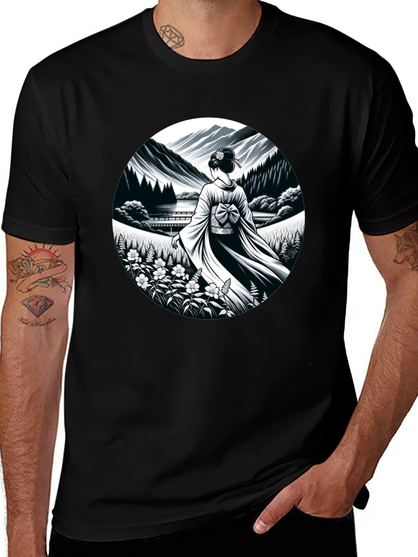 Variant 15 of Black T-Shirt with Geisha Landscape Print
