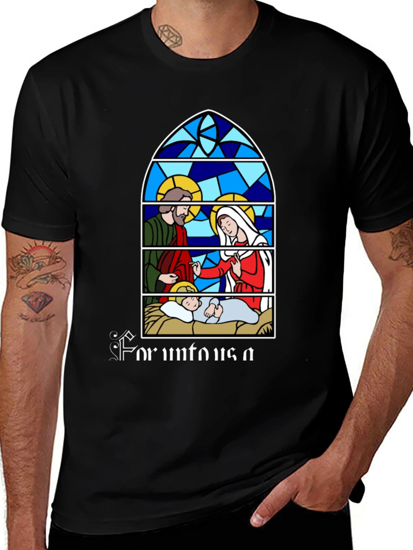 Nativity Scene Graphic T-Shirt - 'For Unto Us'