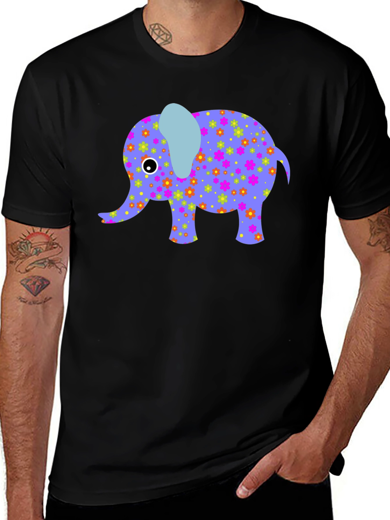 Variant 19 of Elephant Floral Print Men's Black T-Shirt
