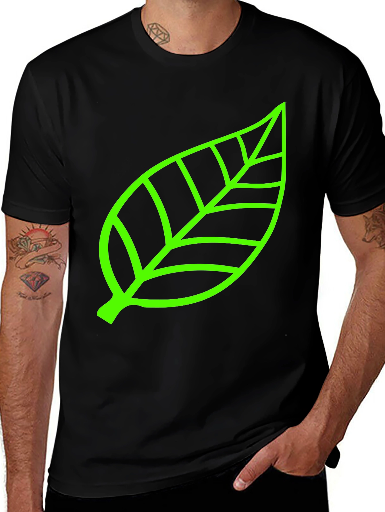 Variant 12 of Green Leaf Graphic Black T-Shirt