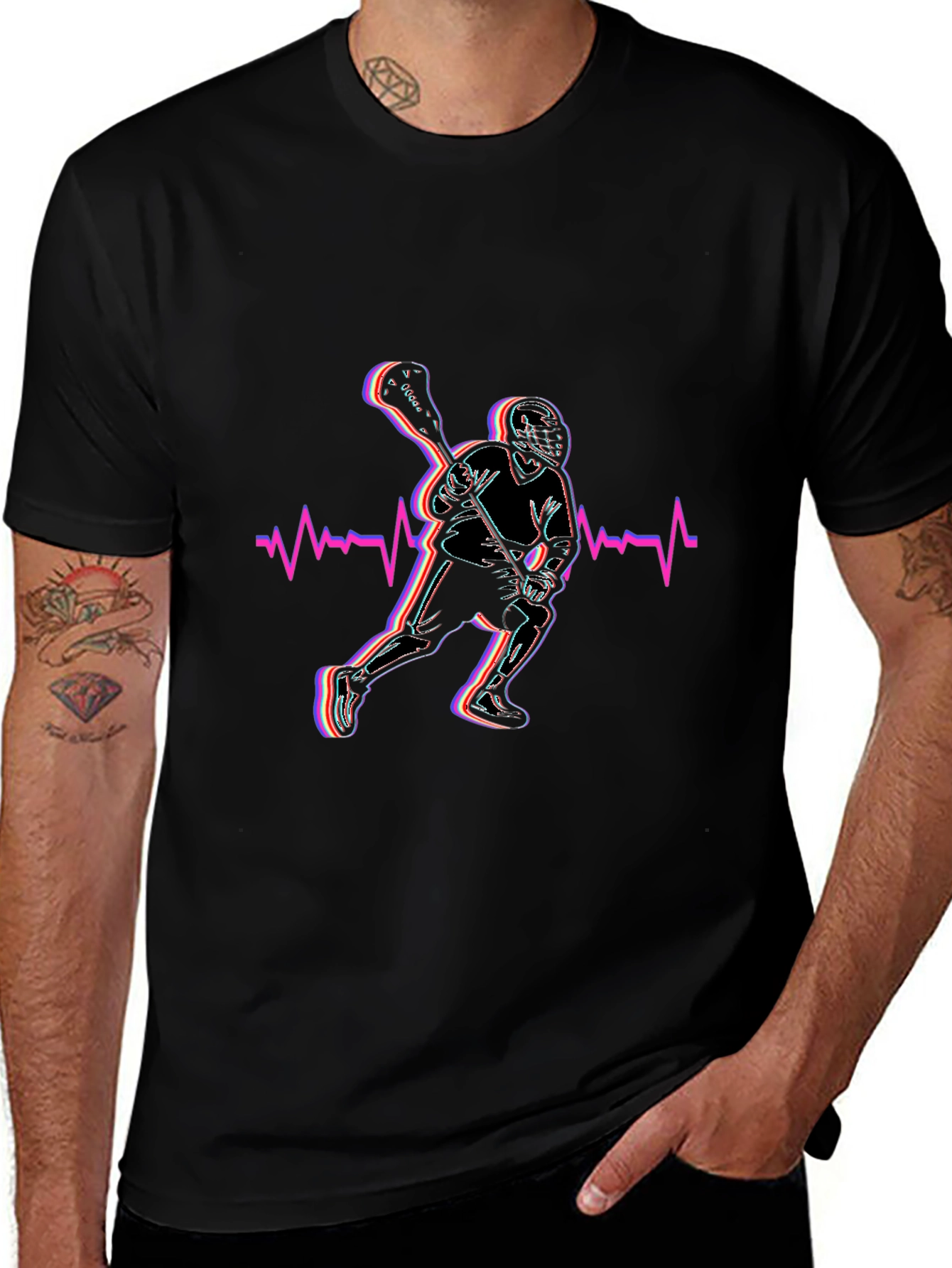 Lacrosse Player Graphic T-Shirt - Black Cotton Blend Tee
