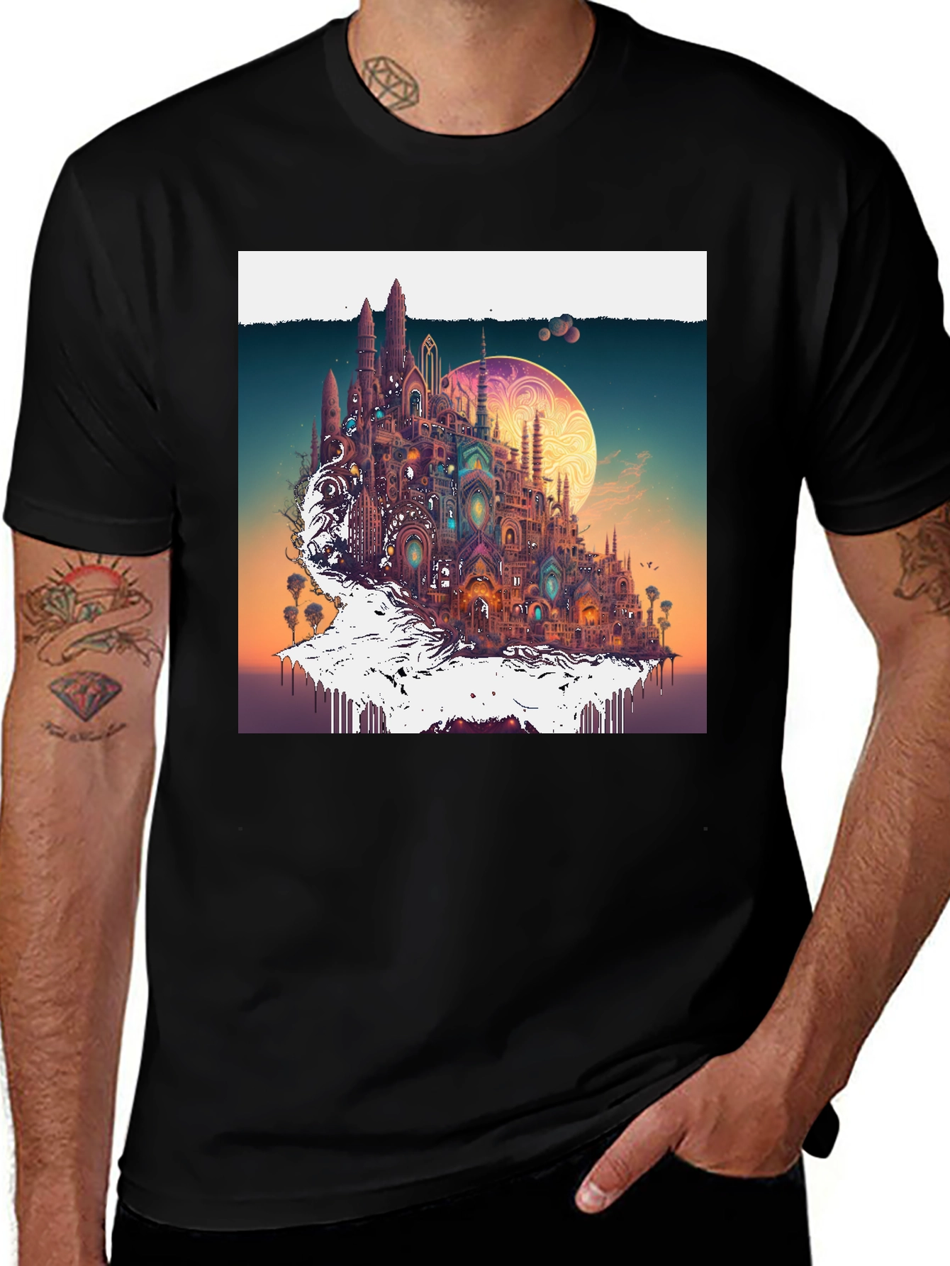Variant 22 of Fantasy Cityscape Tee - Unique Artistic Design