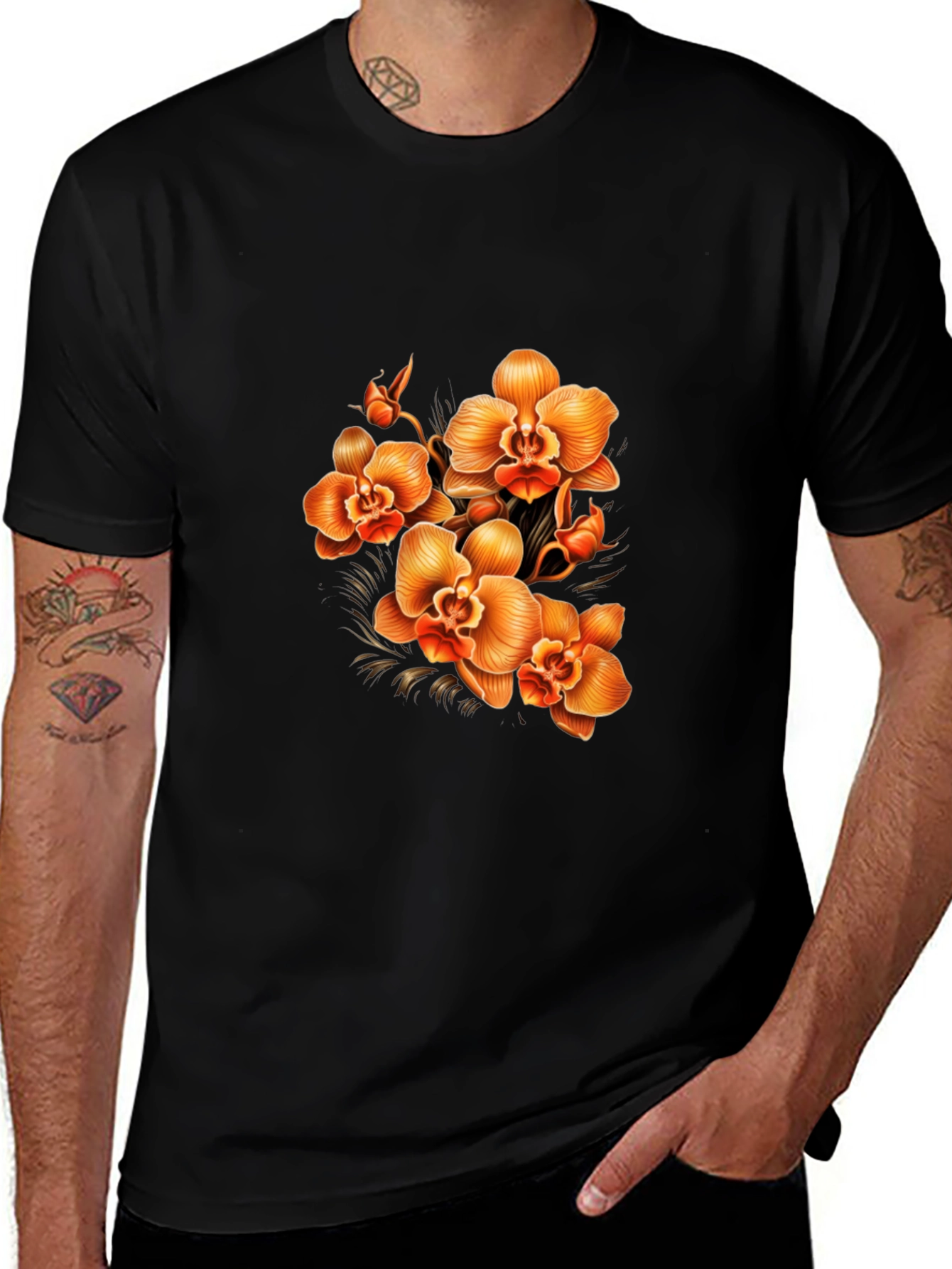 Orchid Floral Print Black T-Shirt