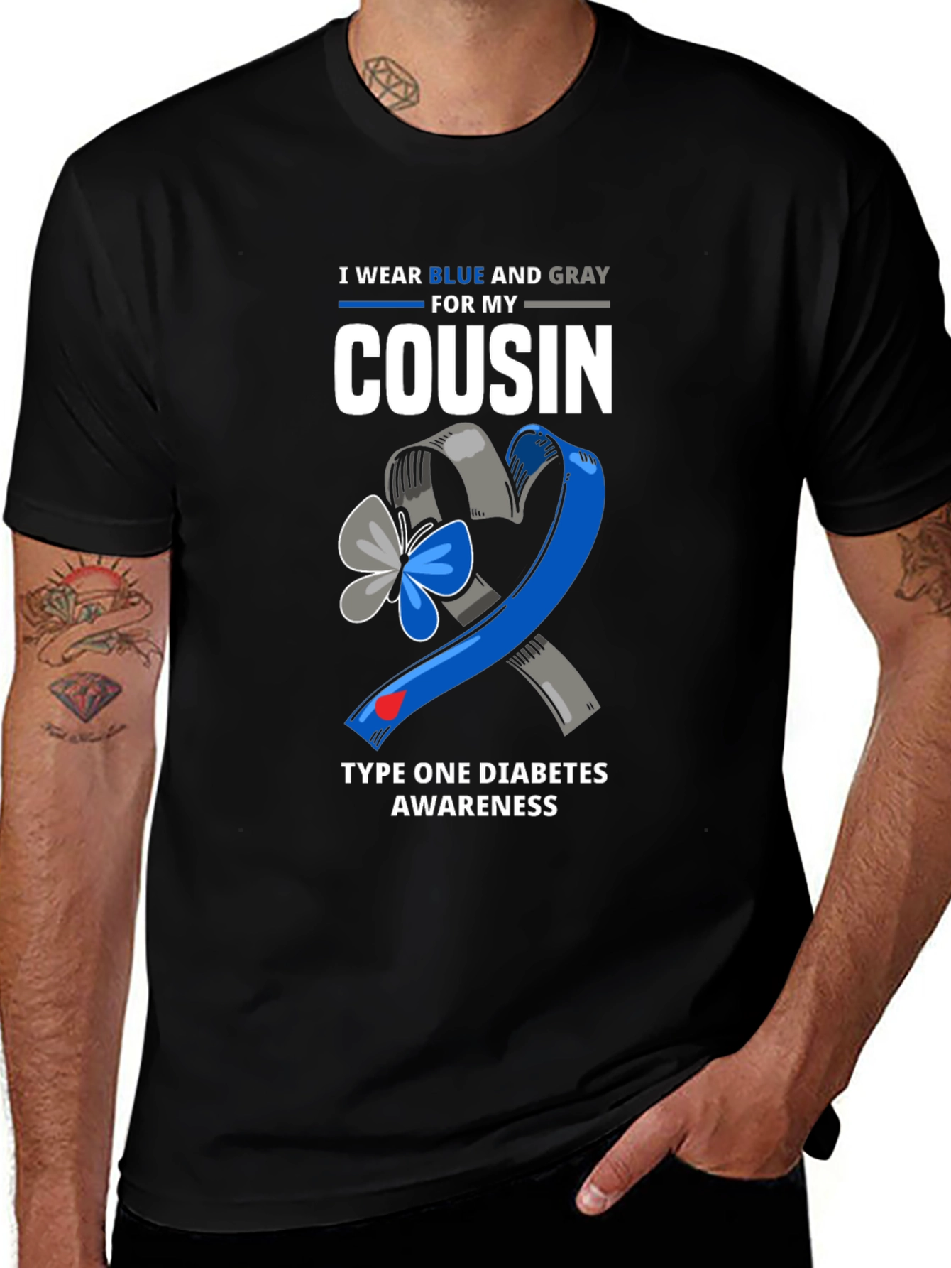 Blue & Gray Type 1 Diabetes Awareness Cousin T-Shirt