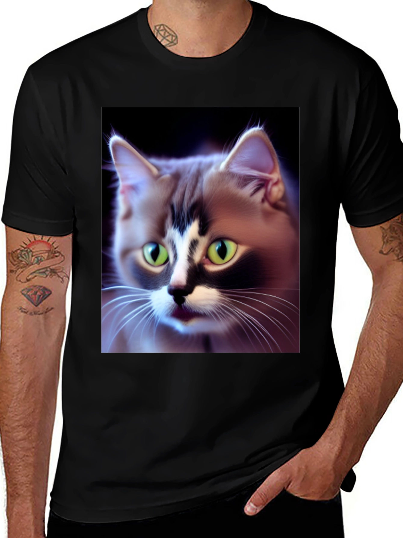 Variant 12 of Cat Lover T-Shirt: Green-Eyed Feline Portrait Tee
