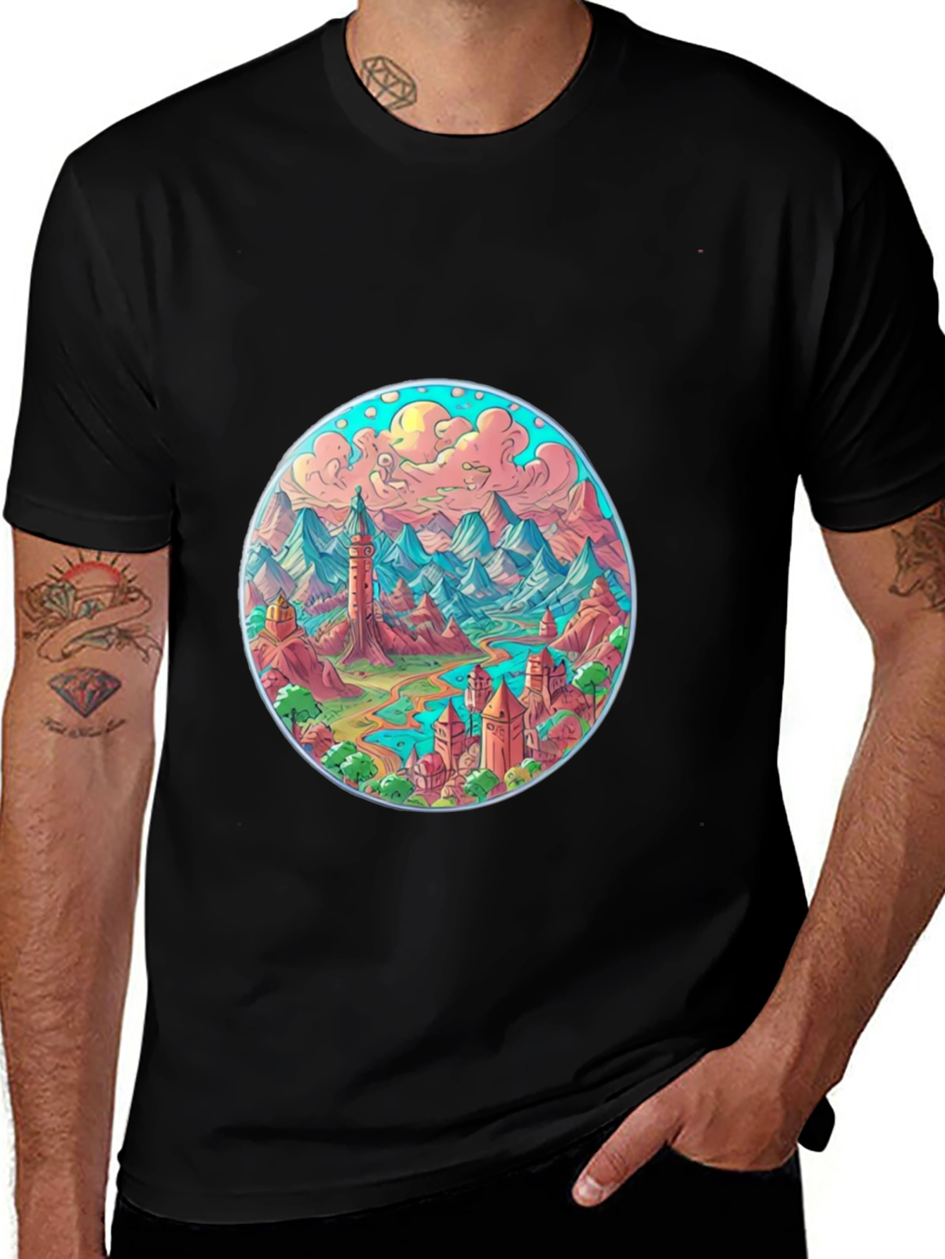 Variant 17 of Fantasy Landscape Graphic Tee - Black Crew Neck