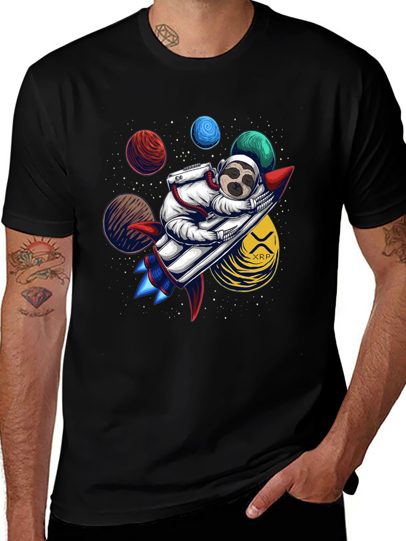 Variant 24 of Sloth Astronaut XRP Rocket Black T-Shirt