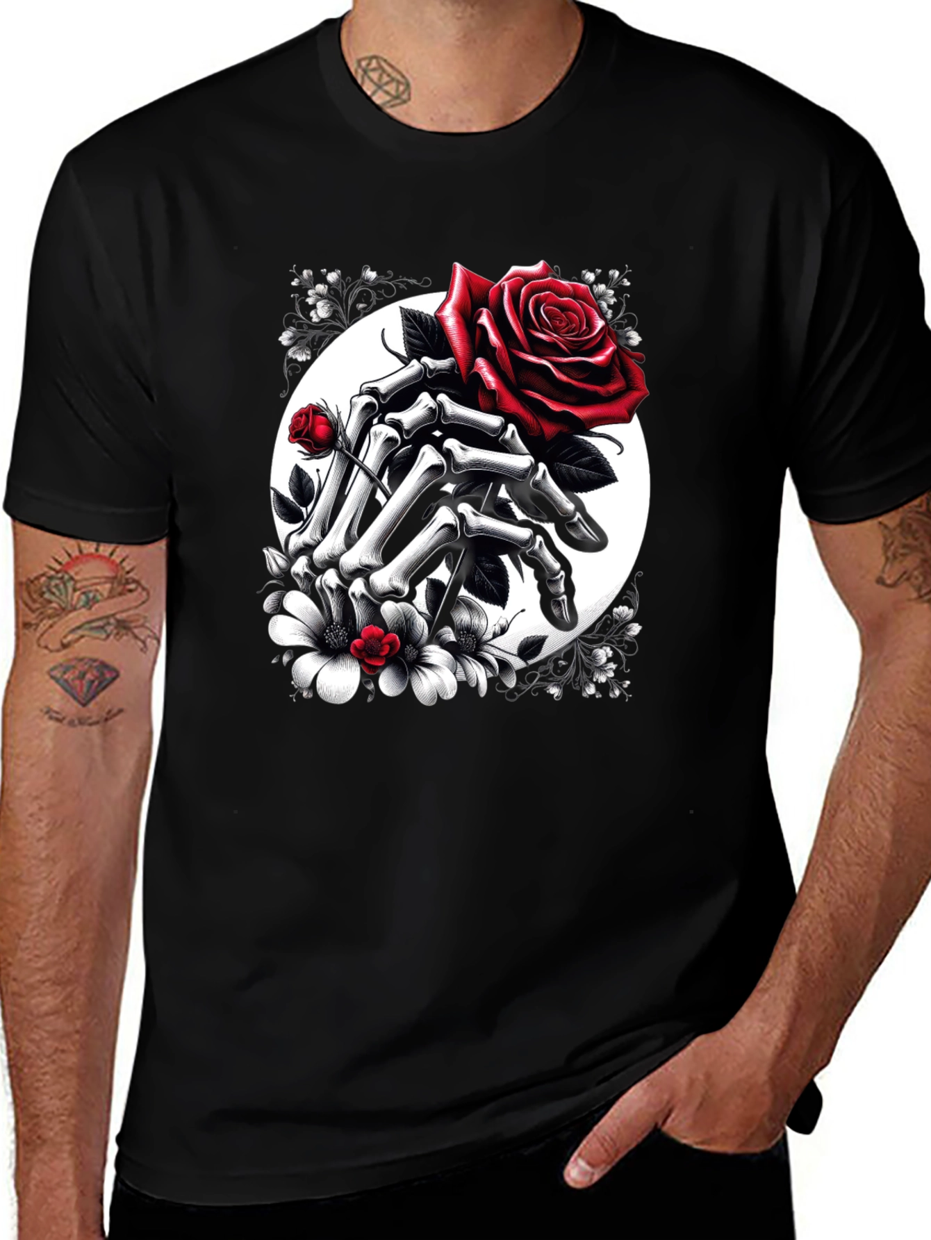 Floral Skull Hands Rose T-Shirt - Gothic Style