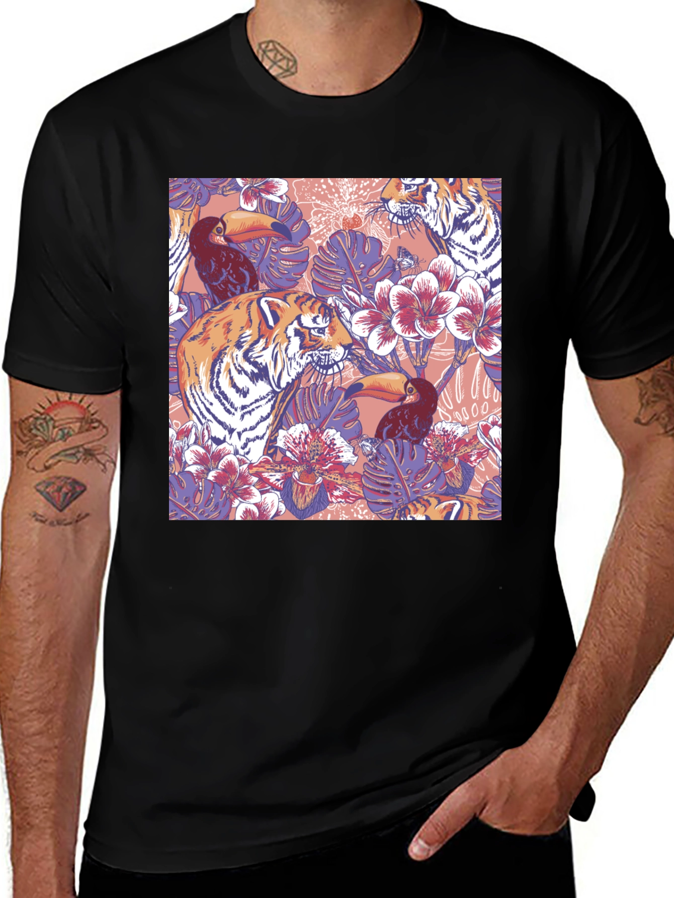 Variant 10 of Tropical Tiger Toucan Black T-Shirt