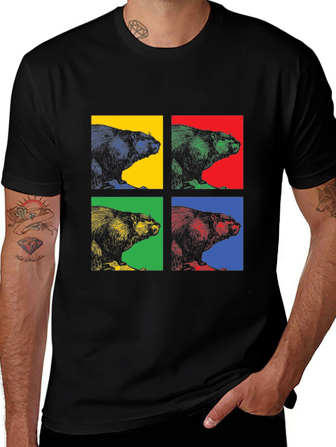 Variant 18 of Retro Beaver Pop Art Graphic Tee - Black Cotton T-Shirt