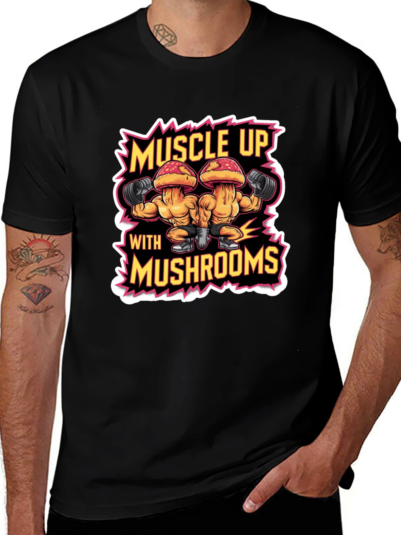 Variant 2 of Muscle Up With Mushrooms Black T-Shirt