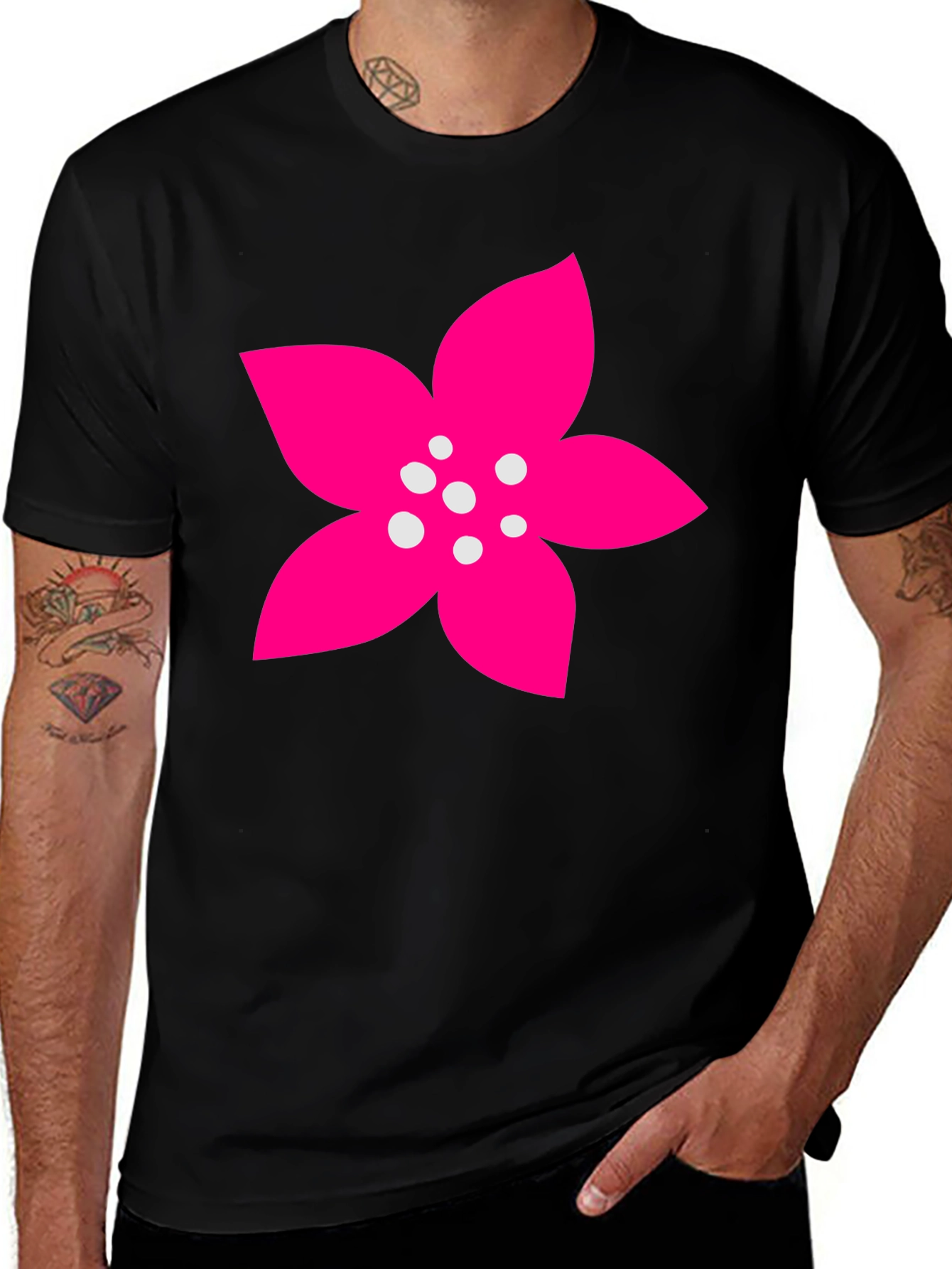 Black T-Shirt with Pink Flower Graphic