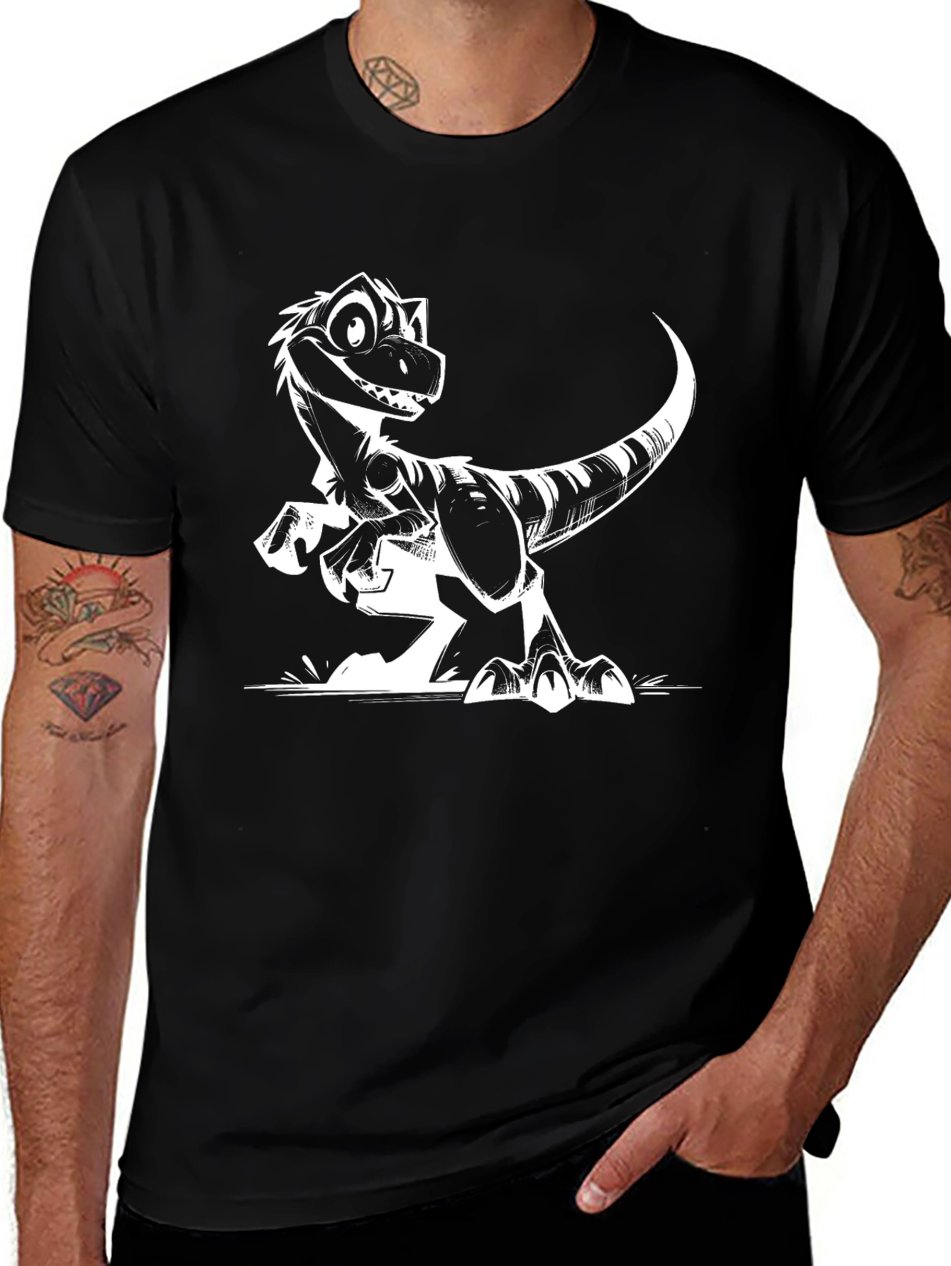 Variant 15 of Cartoon Raptor Graphic Tee - Black Cotton Comfort