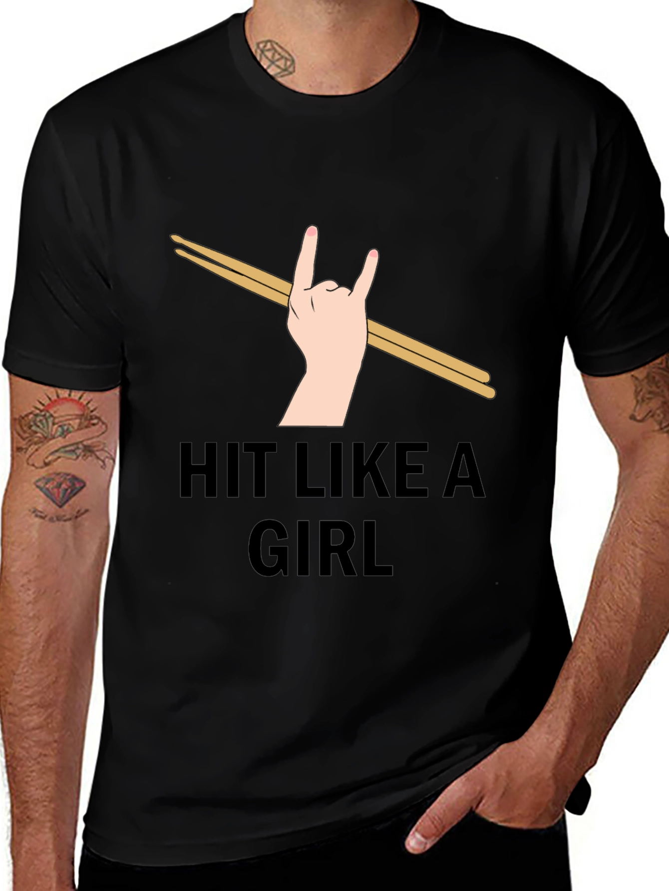 Black Hit Like a Girl Drummer T-Shirt main image