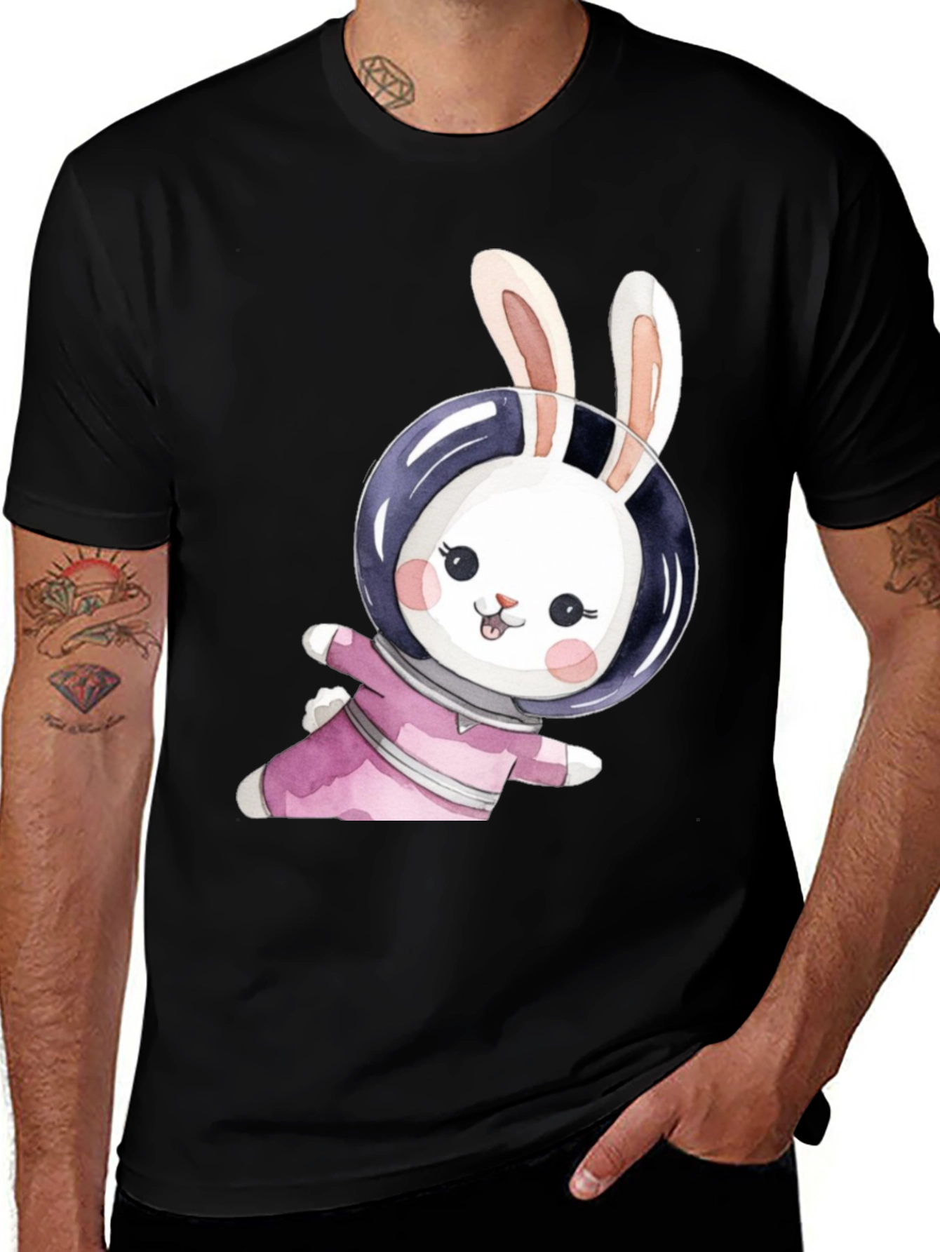Variant 21 of Cute Bunny Astronaut Black T-Shirt