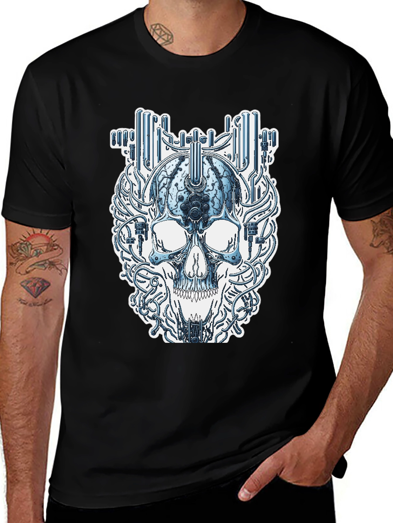 Variant 27 of Cyberpunk Skull Graphic Tee - Black Cotton T-Shirt