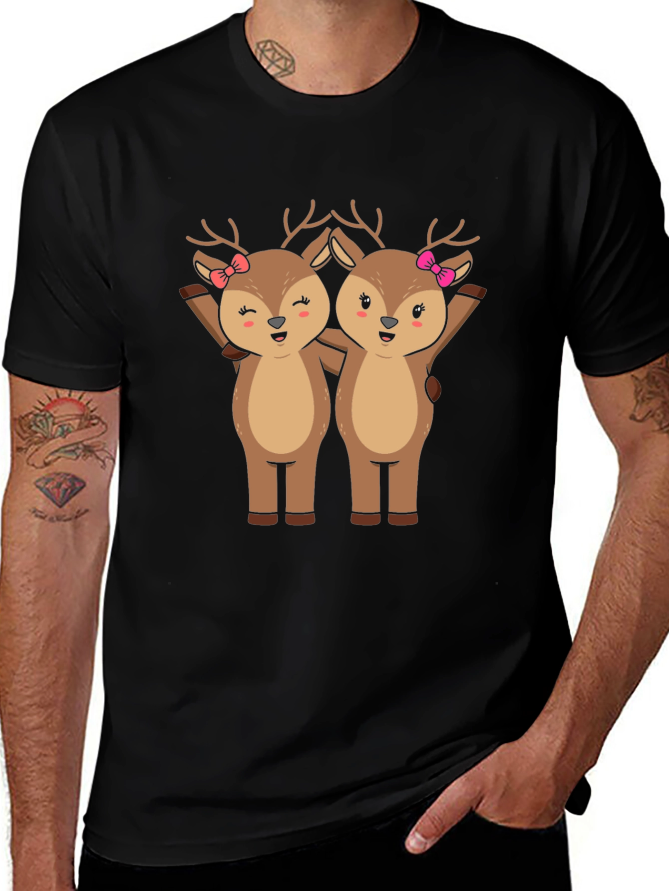 Variant 9 of Cute Reindeer Duo Graphic Tee - Black Cotton T-Shirt