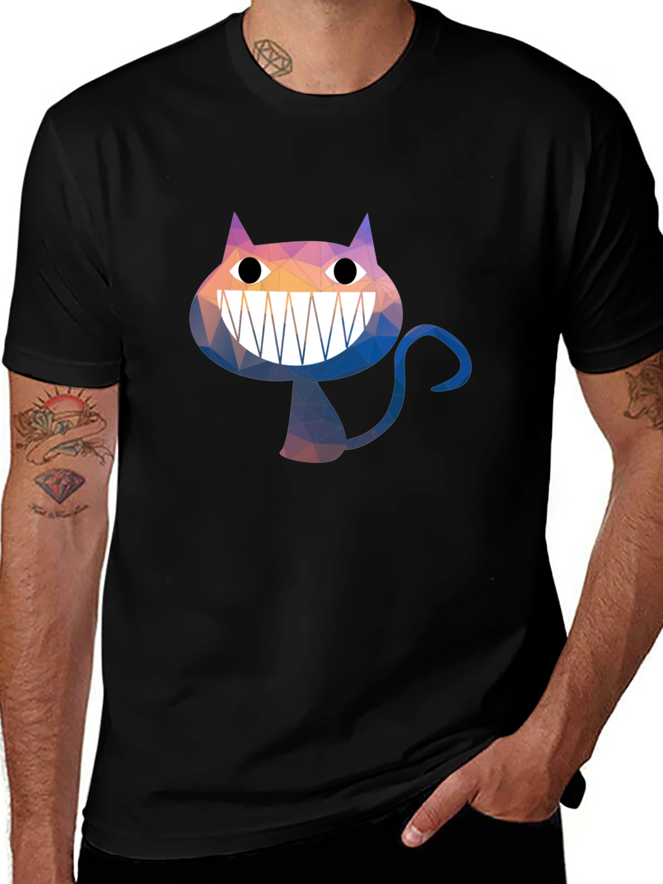 Variant 21 of Geometric Cheshire Cat Graphic Tee - Black Cotton Blend