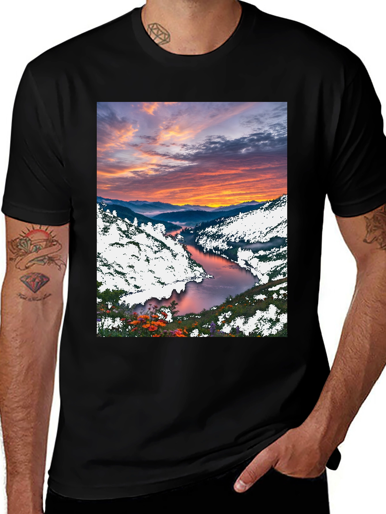 Black Scenic River Sunset T-Shirt main image