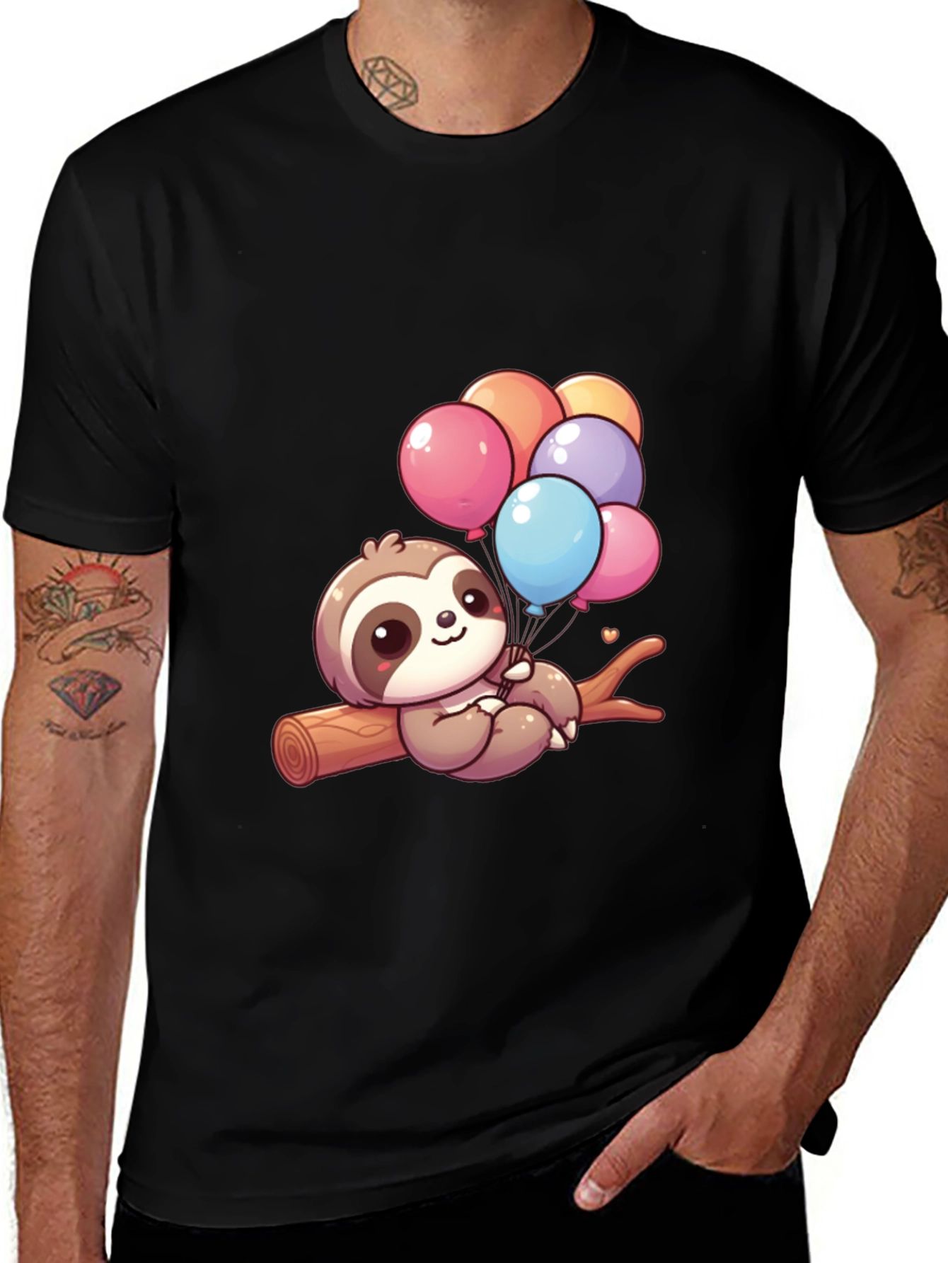 Black Sloth with Balloons Graphic Tee - Cute & Comfy! main image