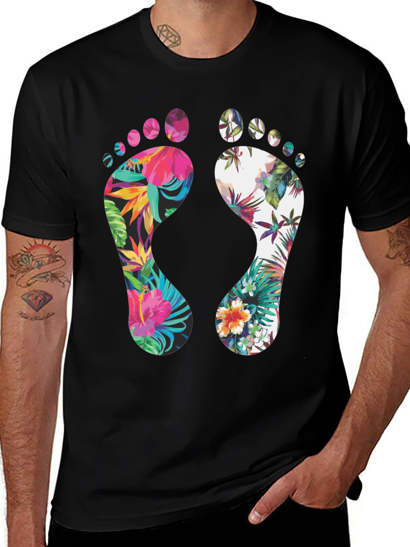 Black Tropical Floral Footprint T-Shirt main image
