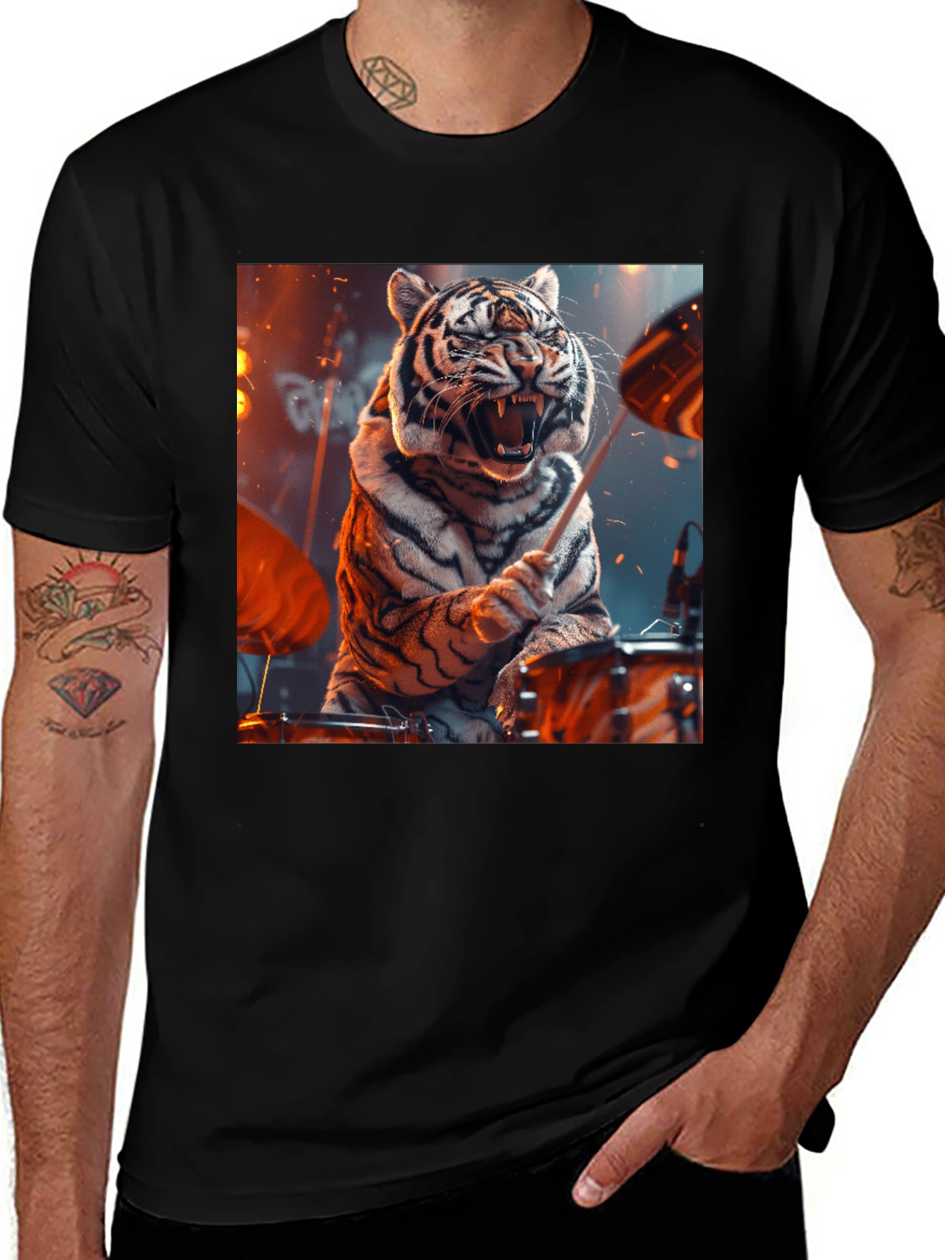 Variant 6 of Tiger Drummer Graphic Tee - Black