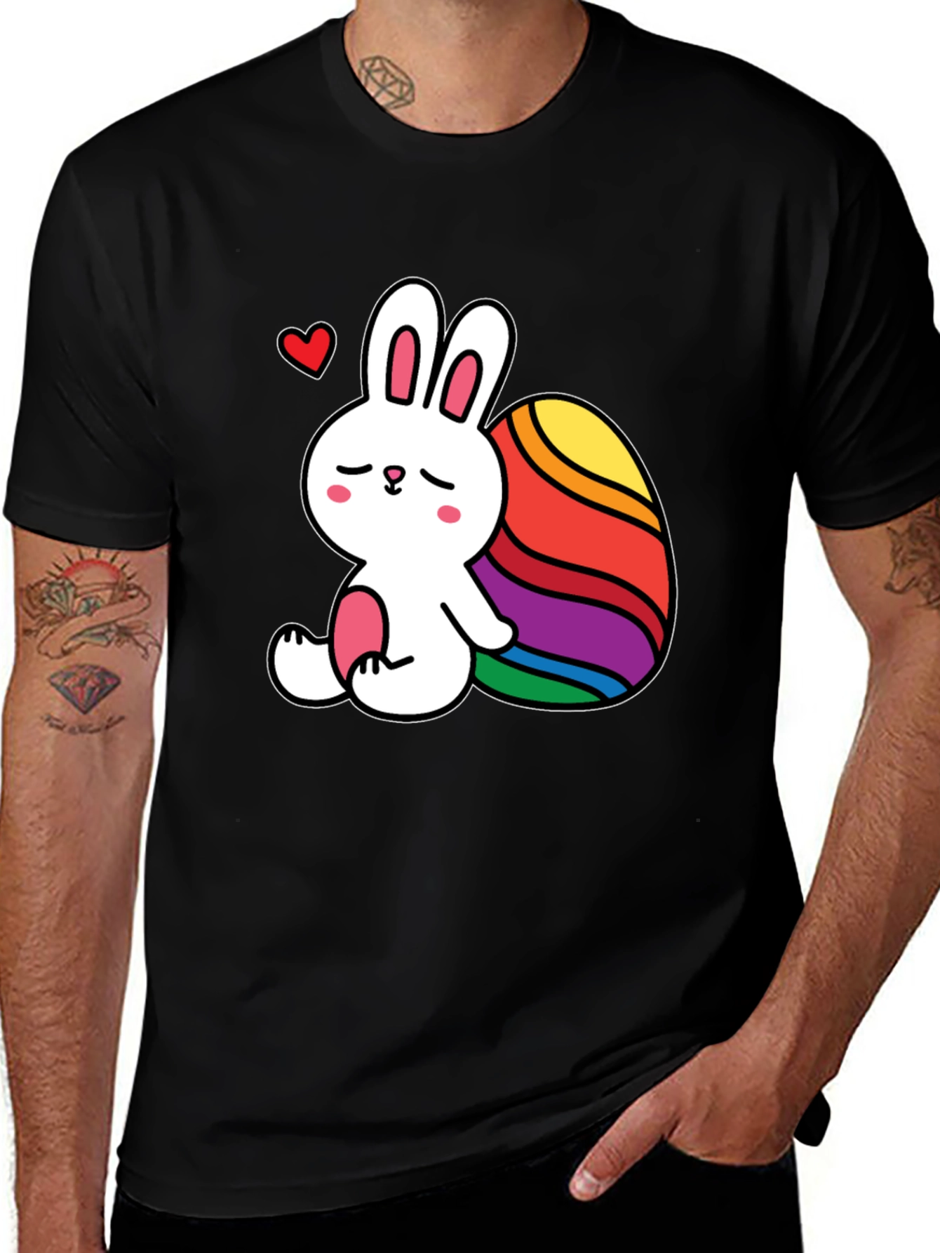 Cute Bunny & Rainbow Egg Graphic Tee - Unisex Black T-Shirt
