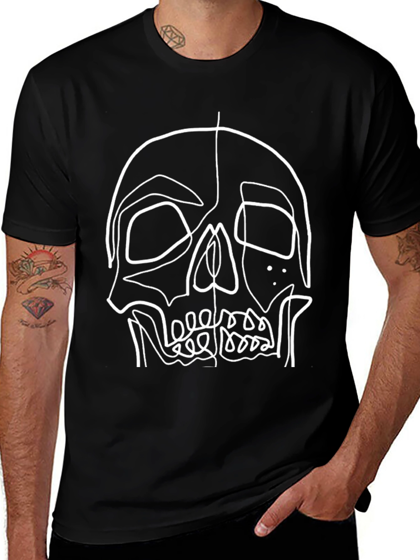 Variant 15 of Skull Line Art Graphic Tee - Black Cotton T-Shirt