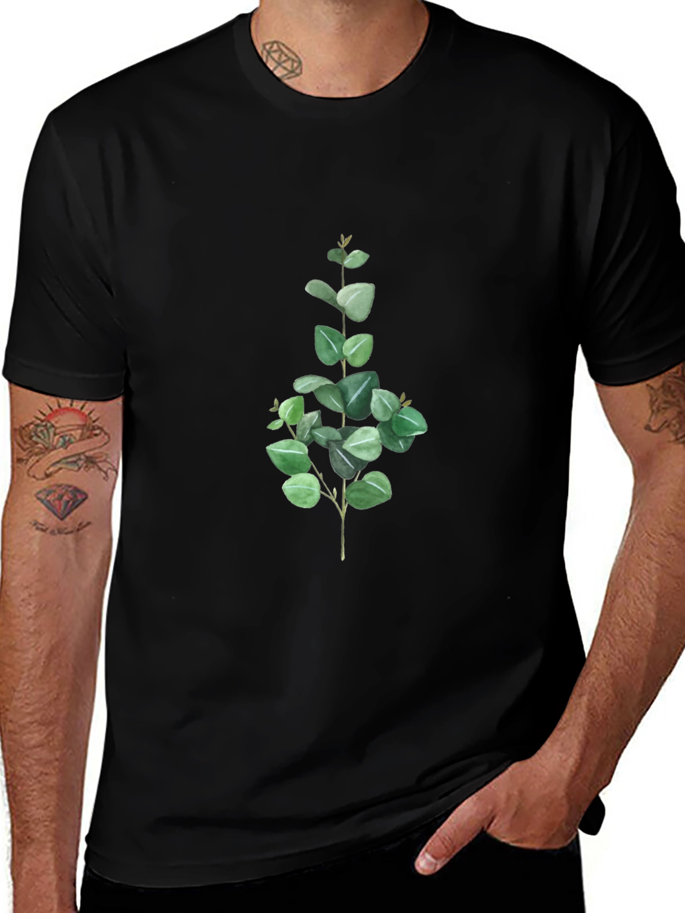 Men's Black T-Shirt with Botanical Print