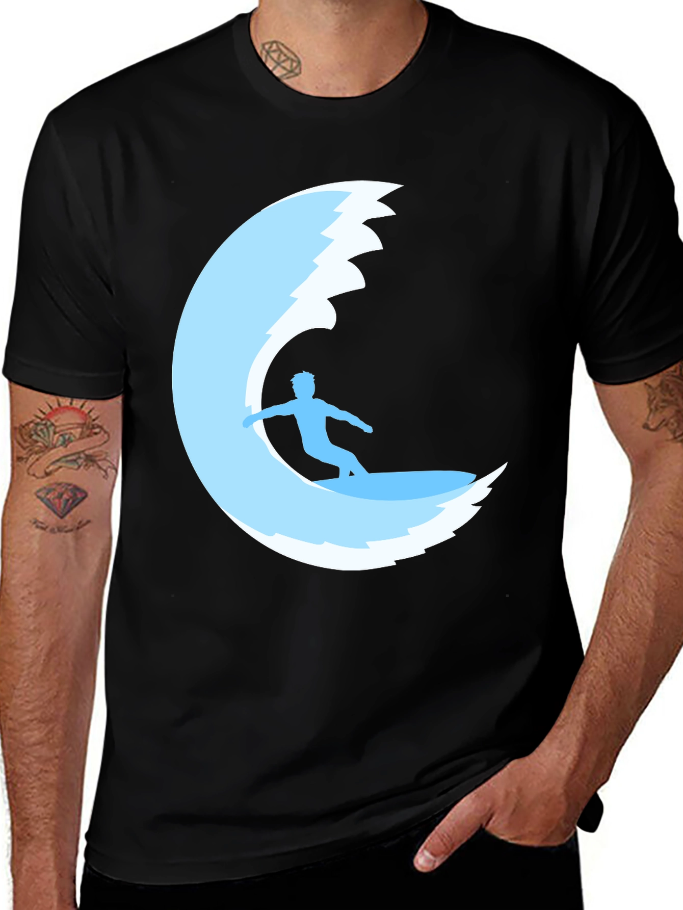 Variant 4 of Surfer Wave Graphic Tee - Black Cotton T-Shirt