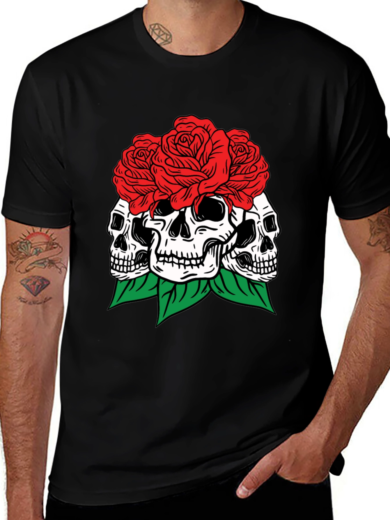 Variant 4 of Skull & Roses Graphic Tee - Men's Black T-Shirt