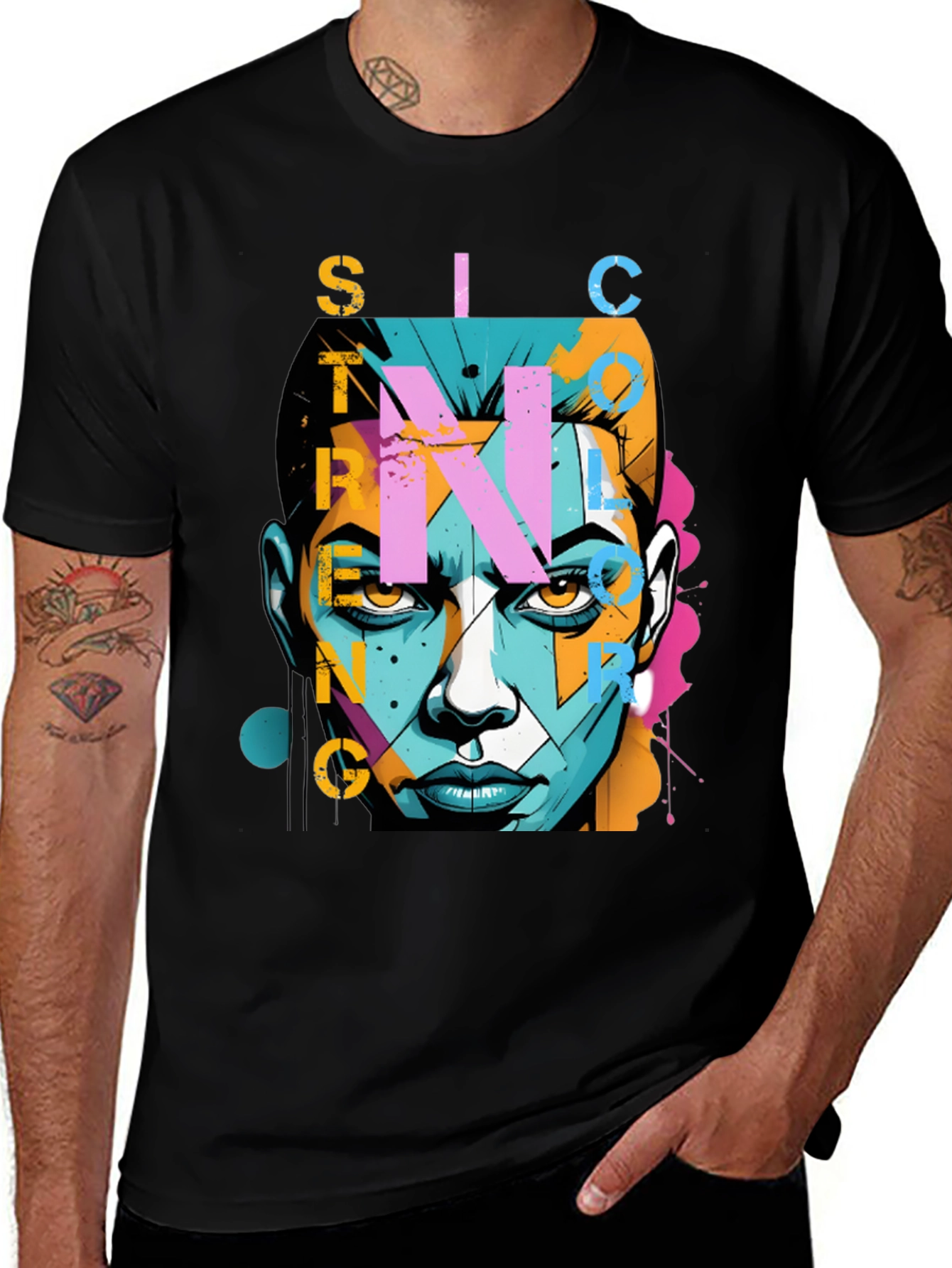 Abstract Face Graphic Black T-Shirt