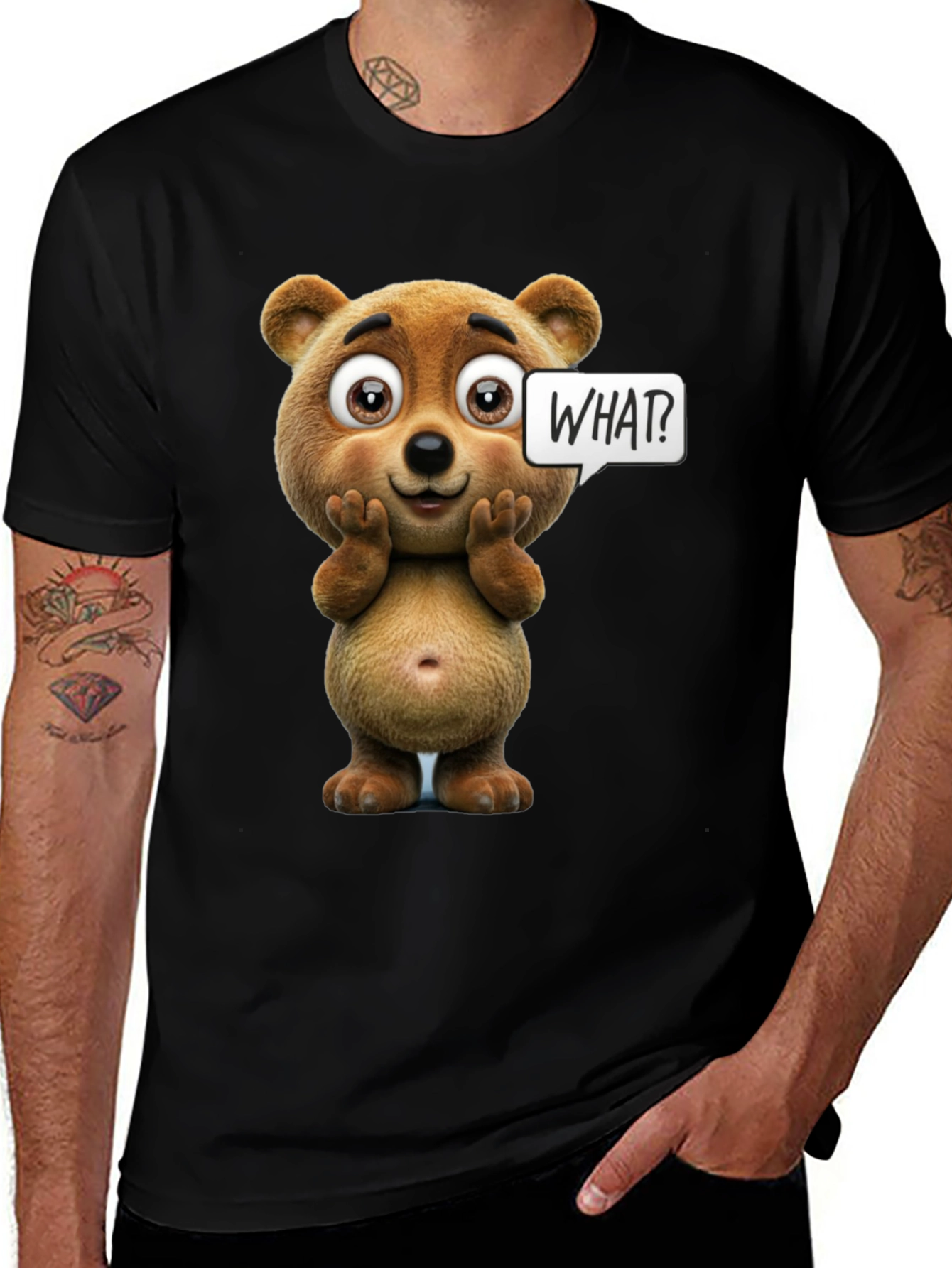 Cute Bear "What?" Graphic Print T-Shirt