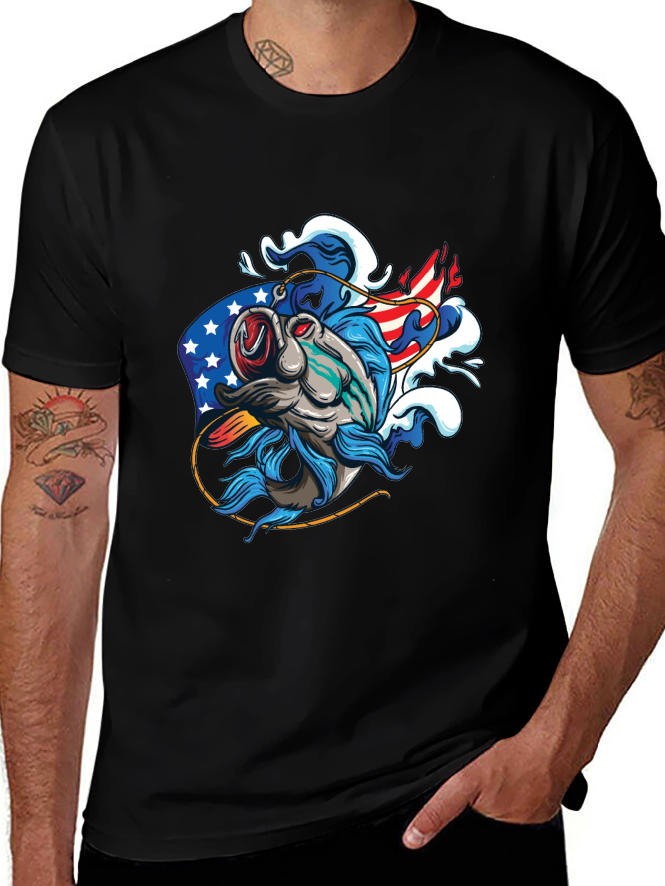Variant 10 of Patriotic Fish Graphic Tee - Black Cotton T-Shirt