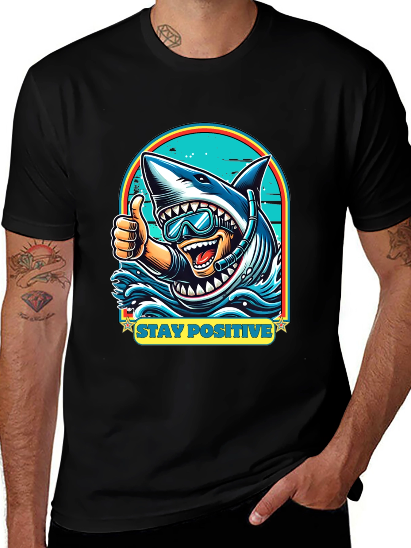 Variant 26 of Stay Positive Shark Diver Graphic Tee - Black