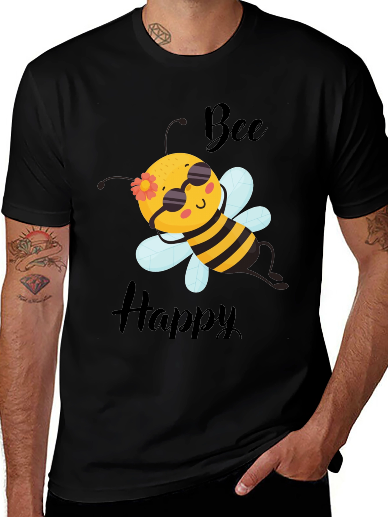Variant 7 of Bee Happy Graphic T-Shirt - Black Cotton Tee