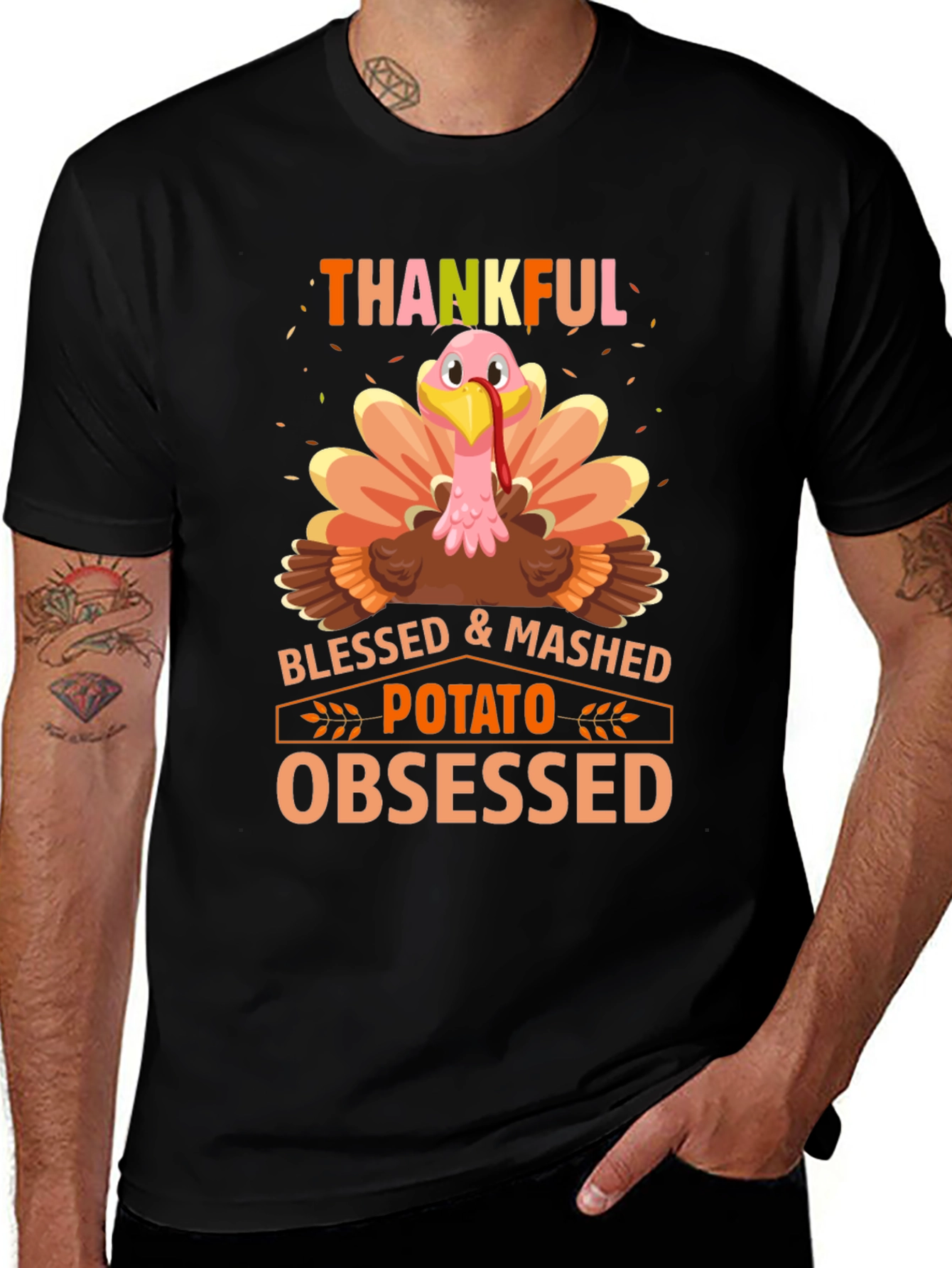 Thankful Turkey T-Shirt - Blessed & Mashed Potato Obsessed