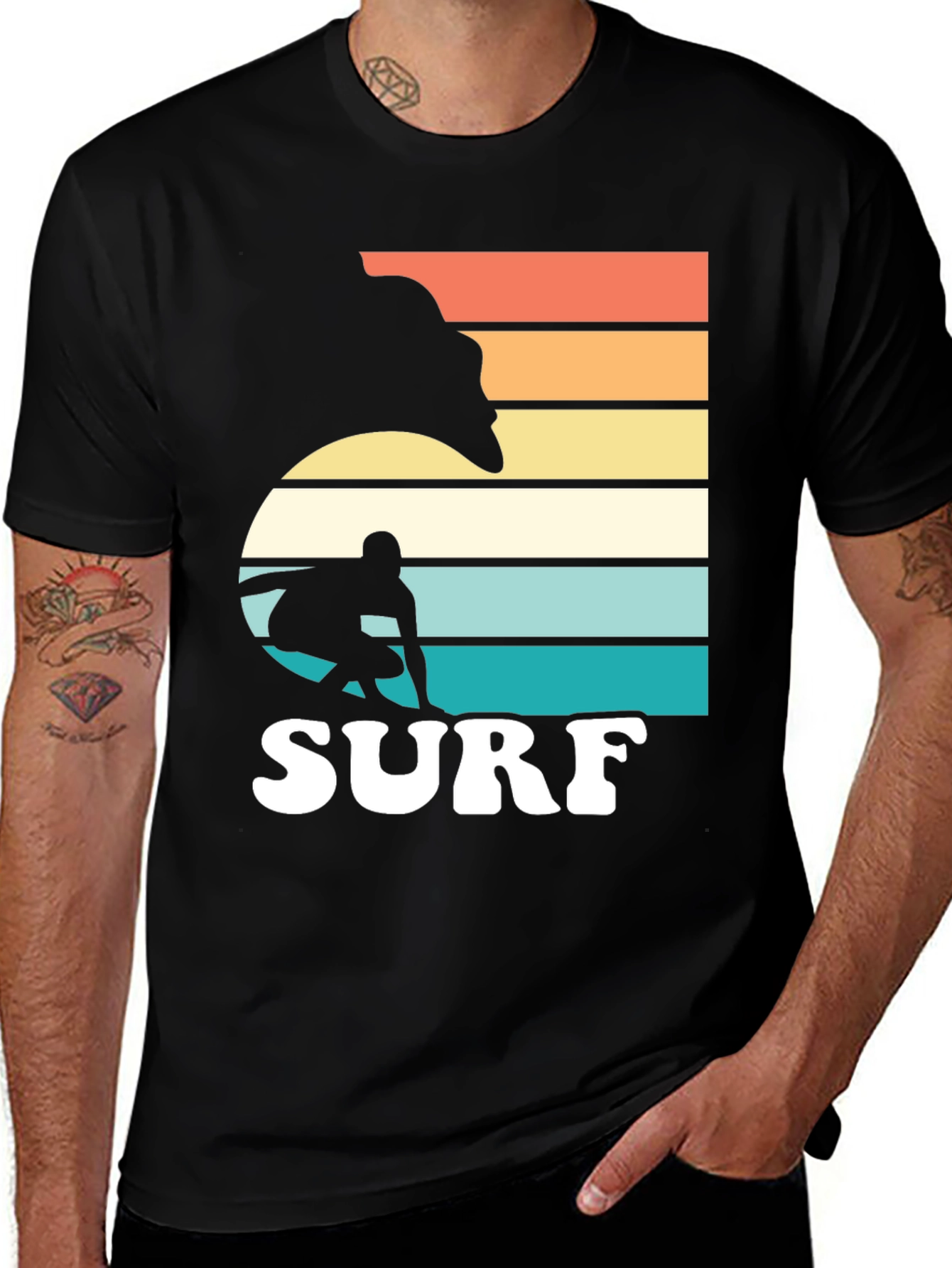 Black Retro Surf Graphic T-Shirt - Surfer Silhouette main image