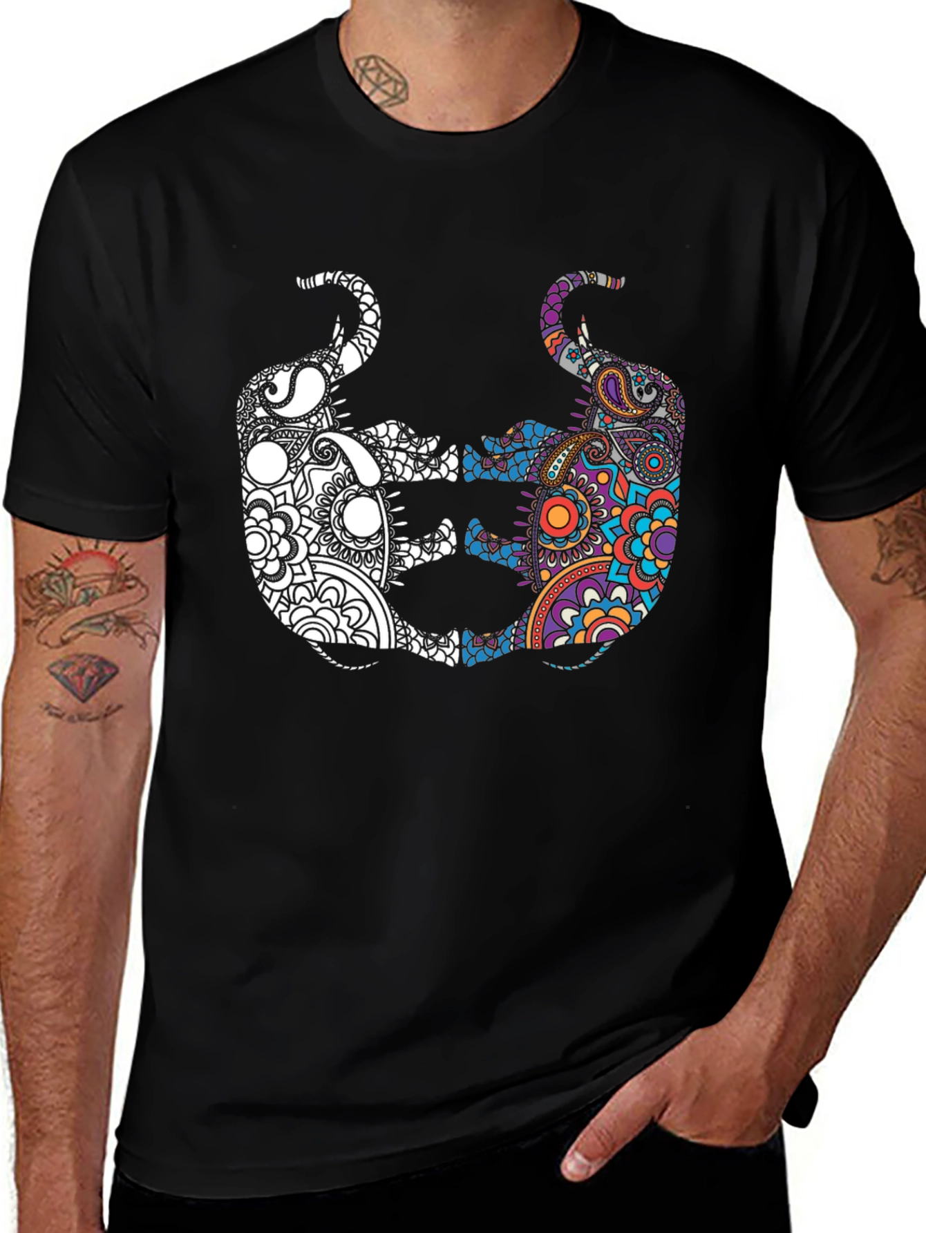 Variant 11 of Yin Yang Elephant Graphic Tee - Black Cotton Shirt