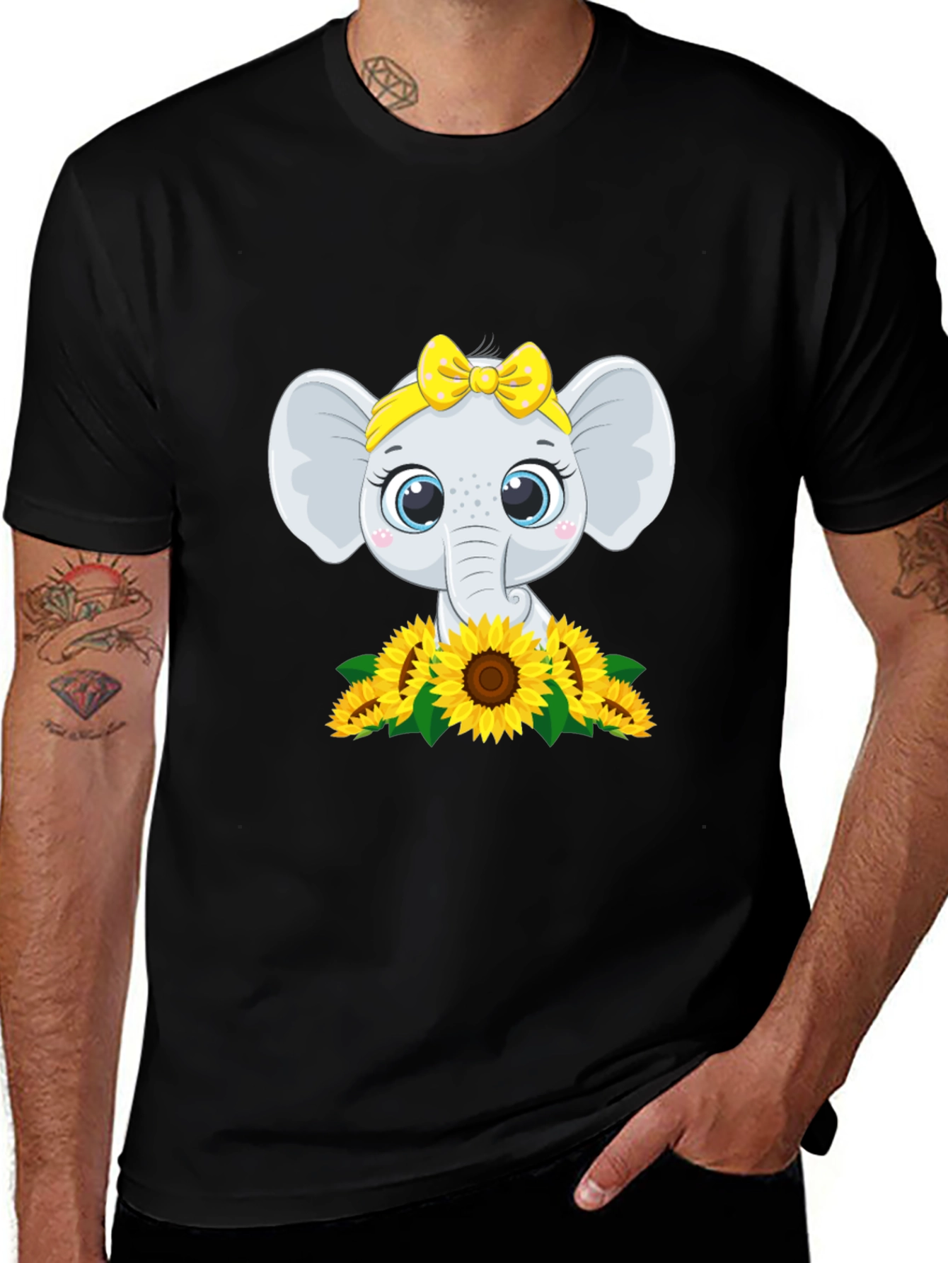 Black Cute Elephant Sunflower Graphic Tee main image