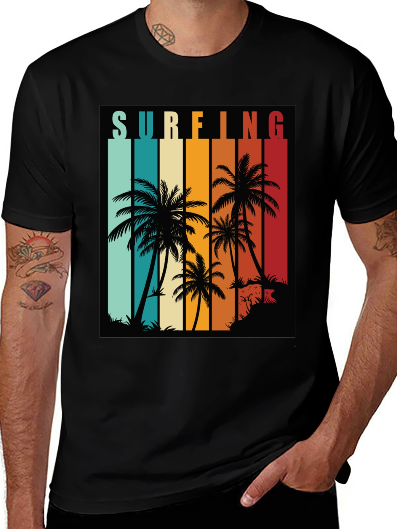 Variant 27 of Retro Surfing Palm Tree Graphic T-Shirt