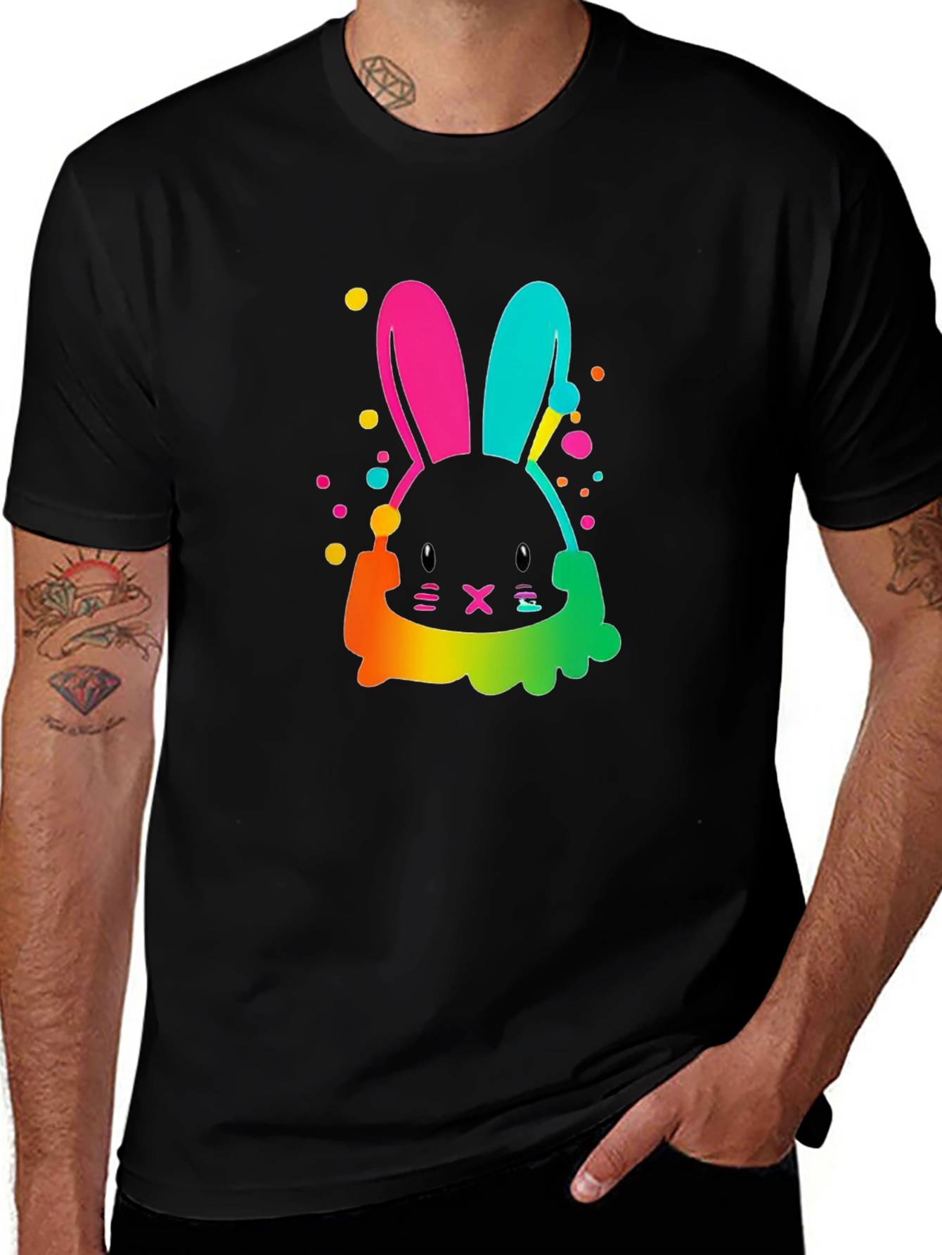 Variant 2 of Colorful Bunny Graphic T-Shirt - Men's Black Tee