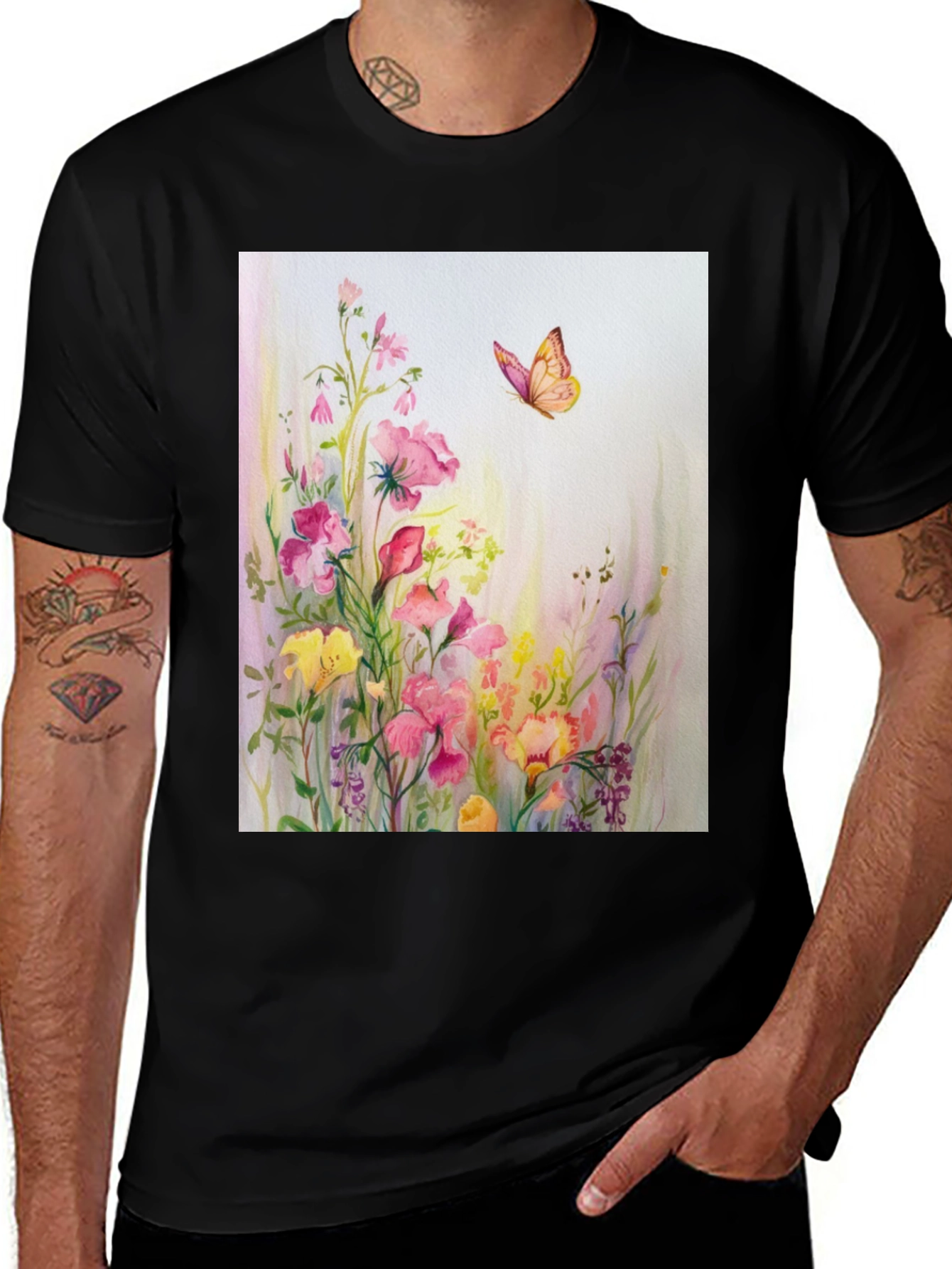 Variant 28 of Floral Butterfly Print Black T-Shirt