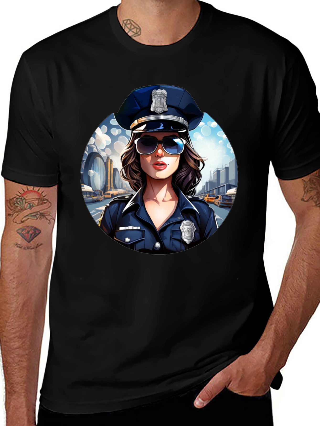 Variant 23 of Police Woman Graphic T-Shirt - Black Cotton Tee