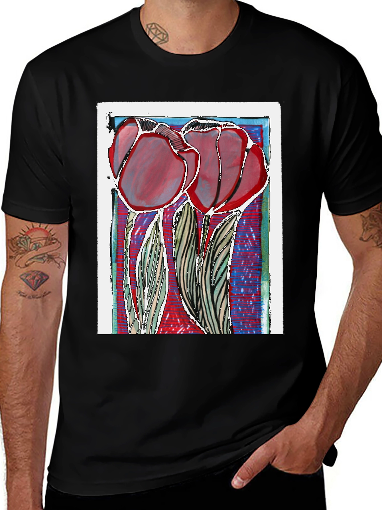Variant 12 of Floral Art Tee: Red Tulip Design on Black Cotton